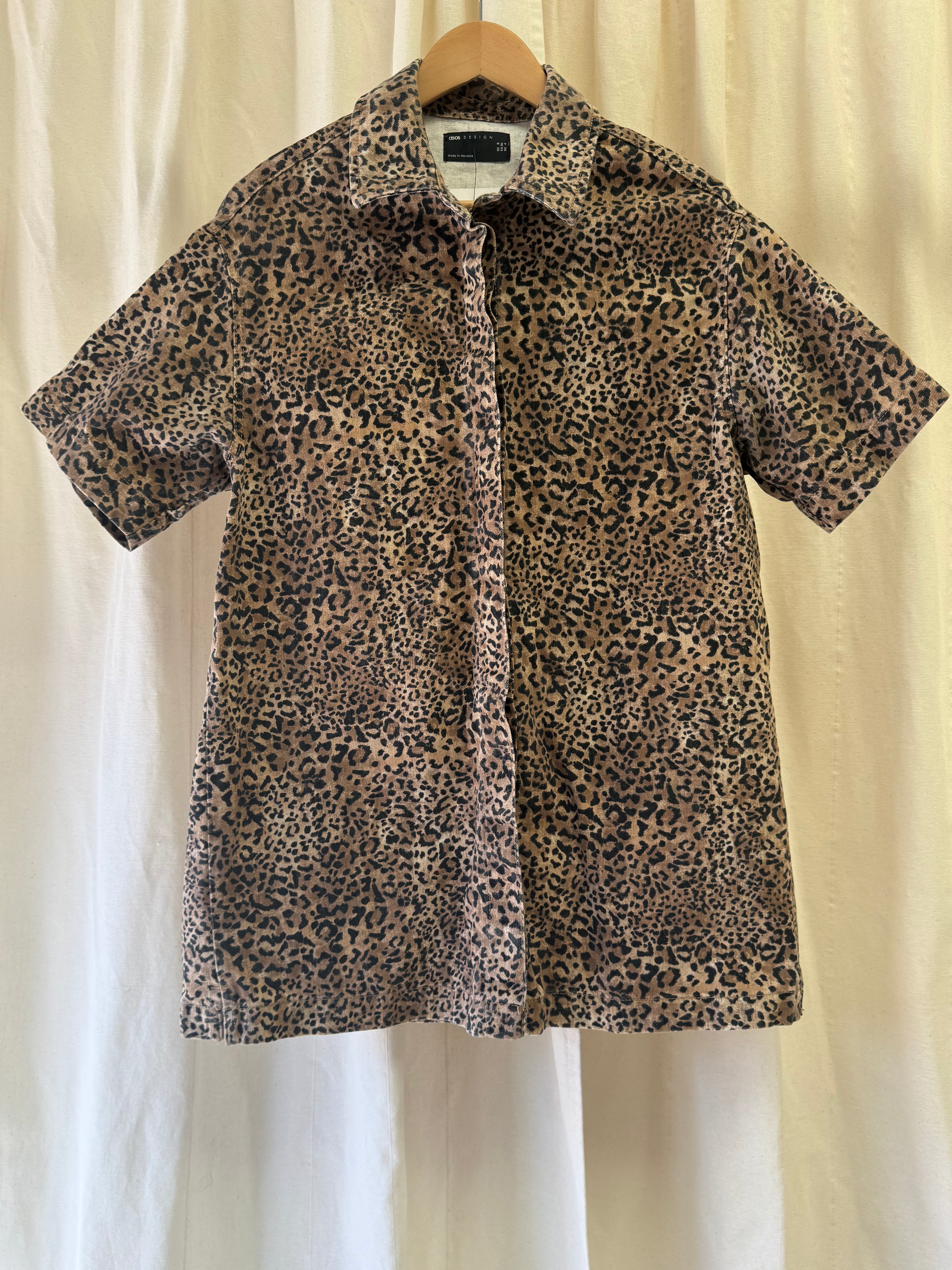 ASOS DESIGN Denim Short Sleeve Shirt Sress in Leopard Print