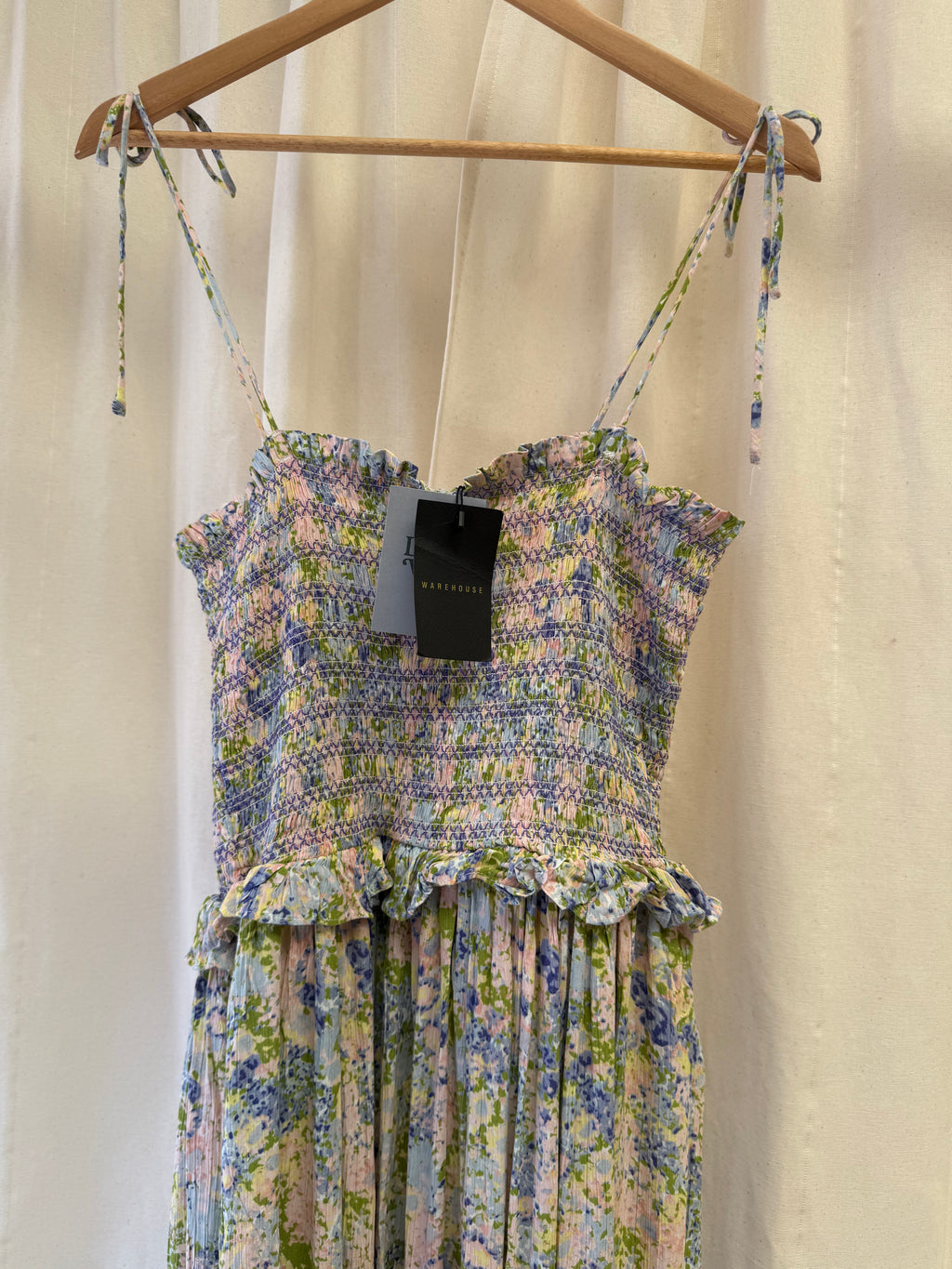 Warehouse Floral Tie Shoulder Smocked Midi Dress