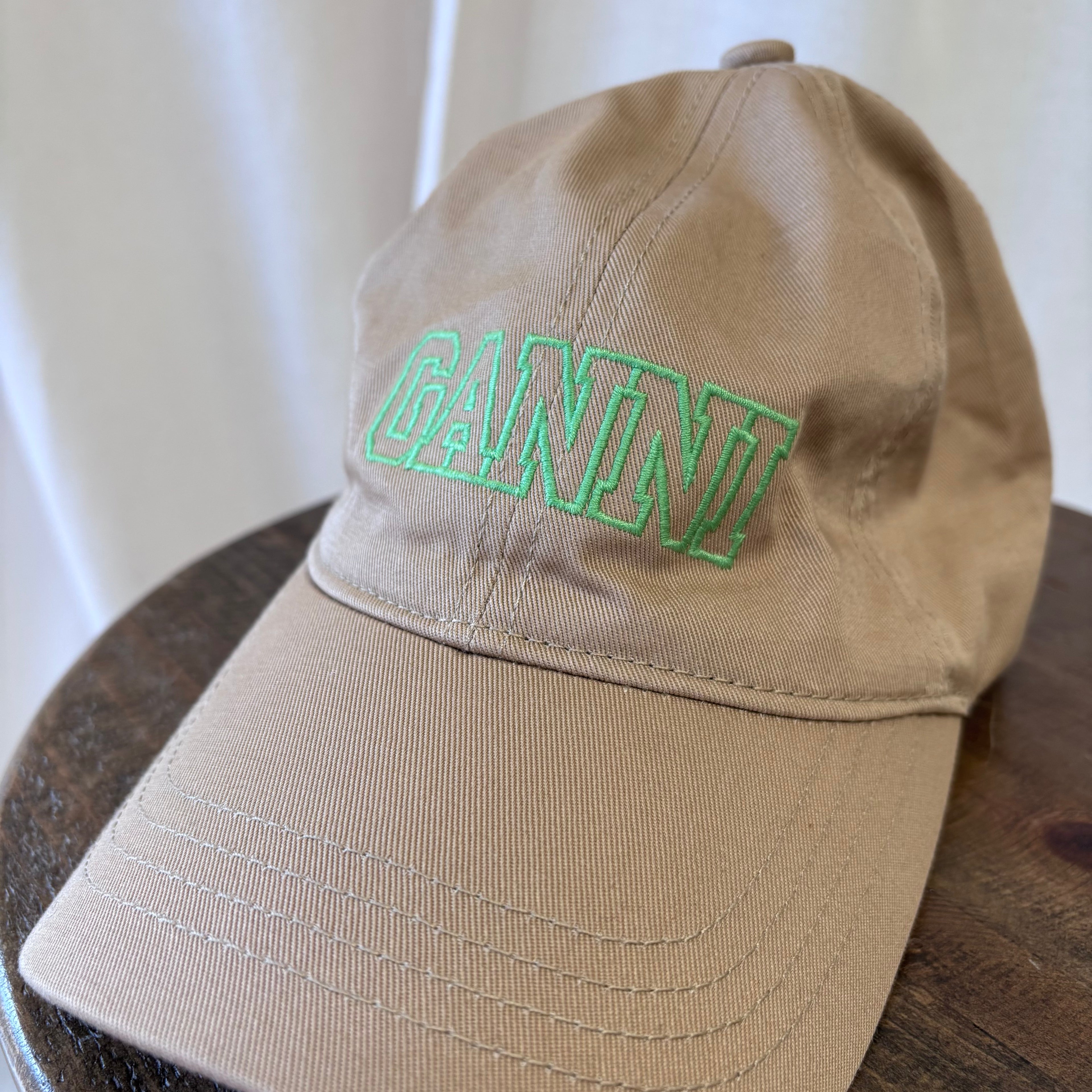 Ganni Canvas Cap in beige with neon green GANNI logo