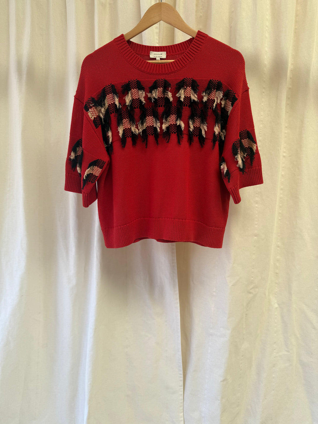 Jigsaw Fringe Jacquard Knit Top in Red