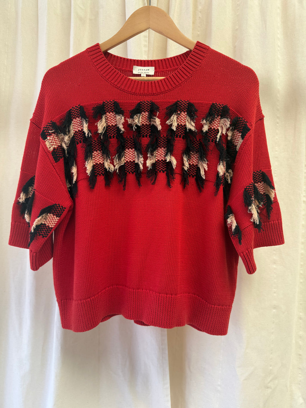 Jigsaw Fringe Jacquard Knit Top in Red