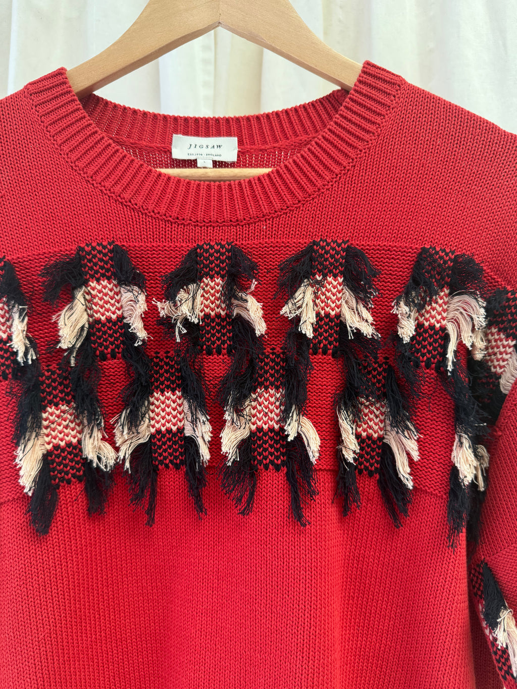 Jigsaw Fringe Jacquard Knit Top in Red