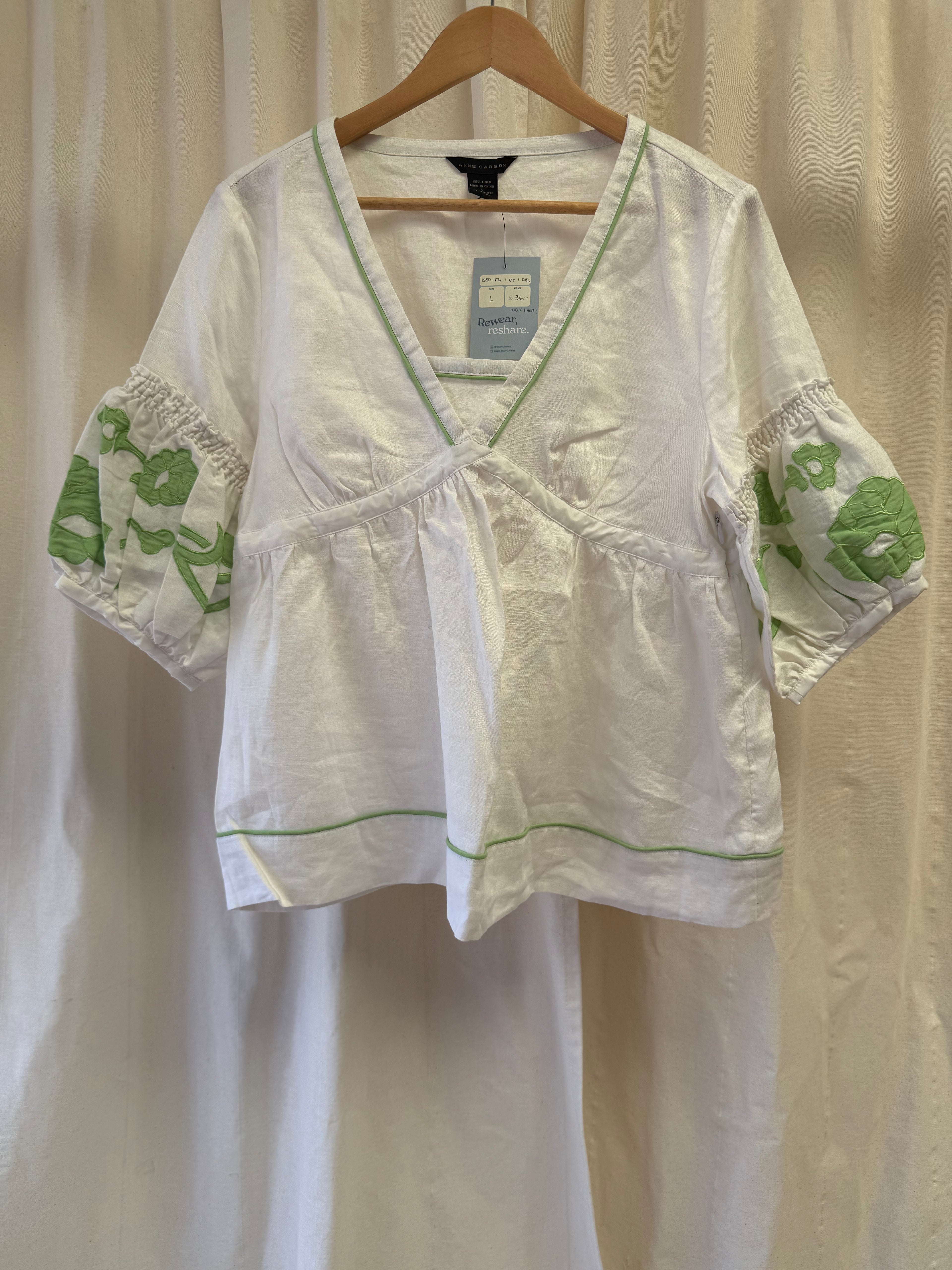 Anne Carson Linen Blouse with Green Embroidery
