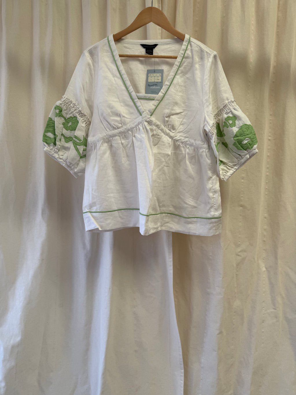 Anne Carson Linen Blouse with Green Embroidery