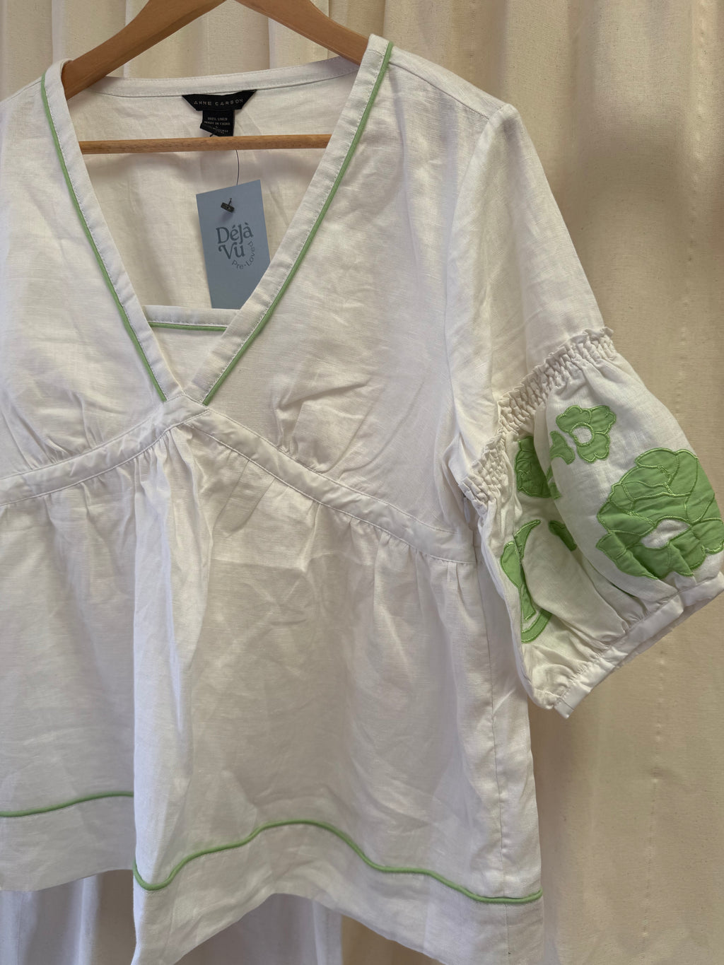 Anne Carson Linen Blouse with Green Embroidery