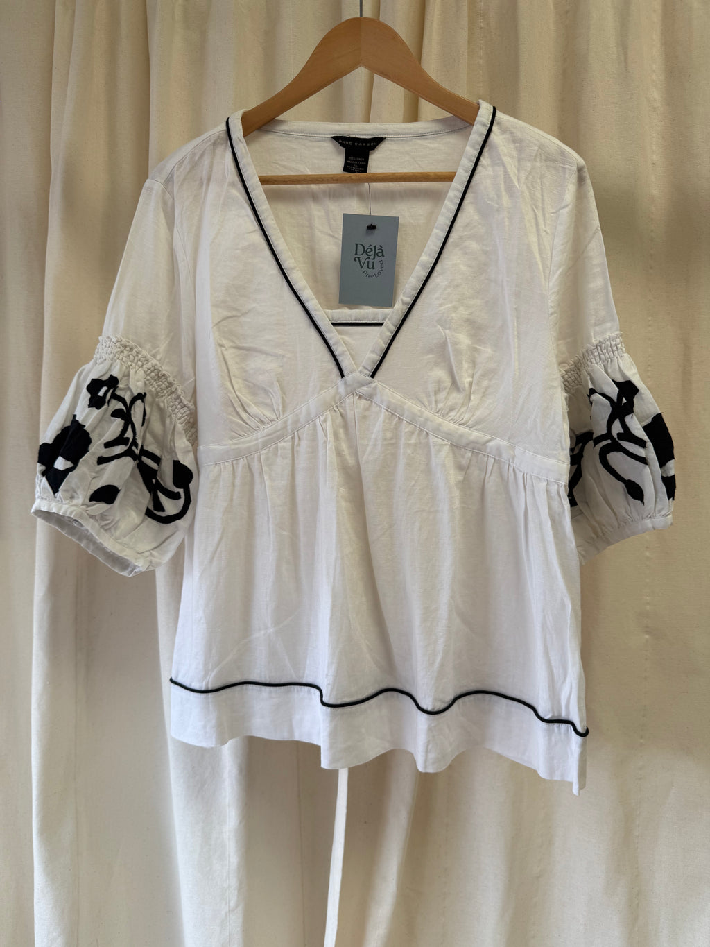 Anne Carson Linen Blouse with Black Embroidery