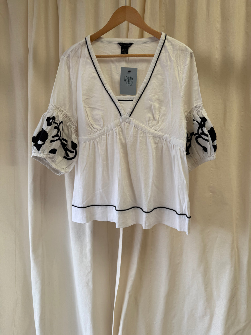 Anne Carson Linen Blouse with Black Embroidery