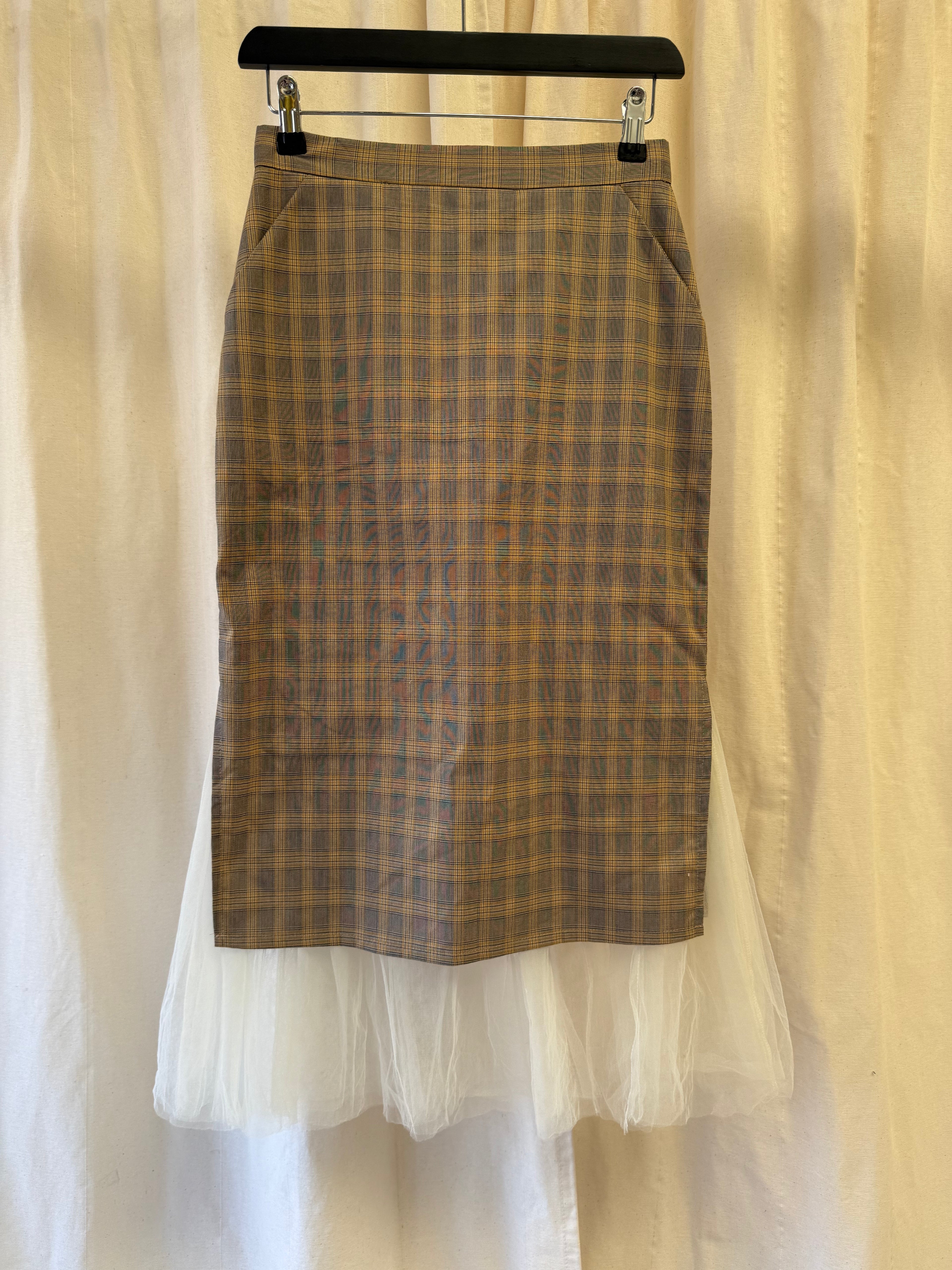 Checked Midi Skirt with Tulle Hem, Size S