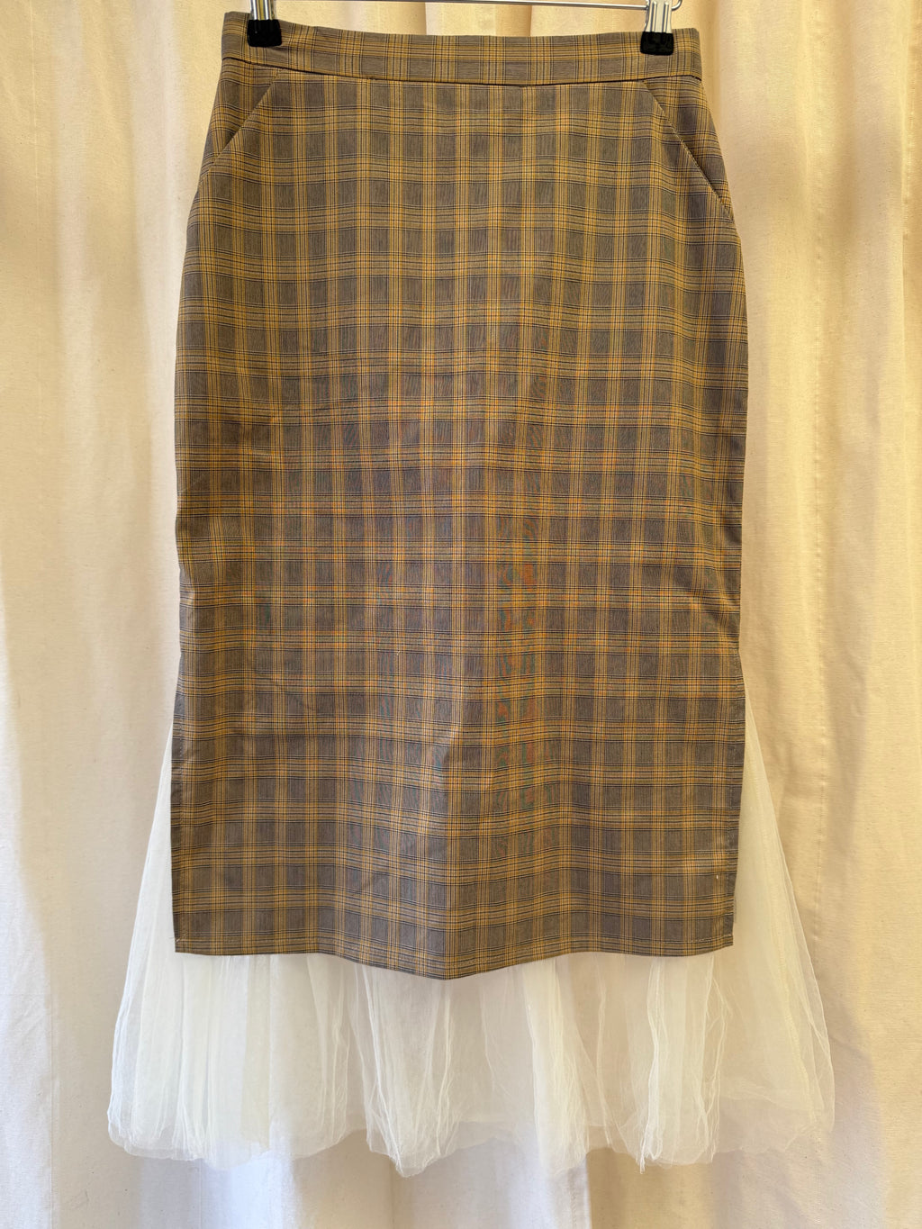 Checked Midi Skirt with Tulle Hem, Size S