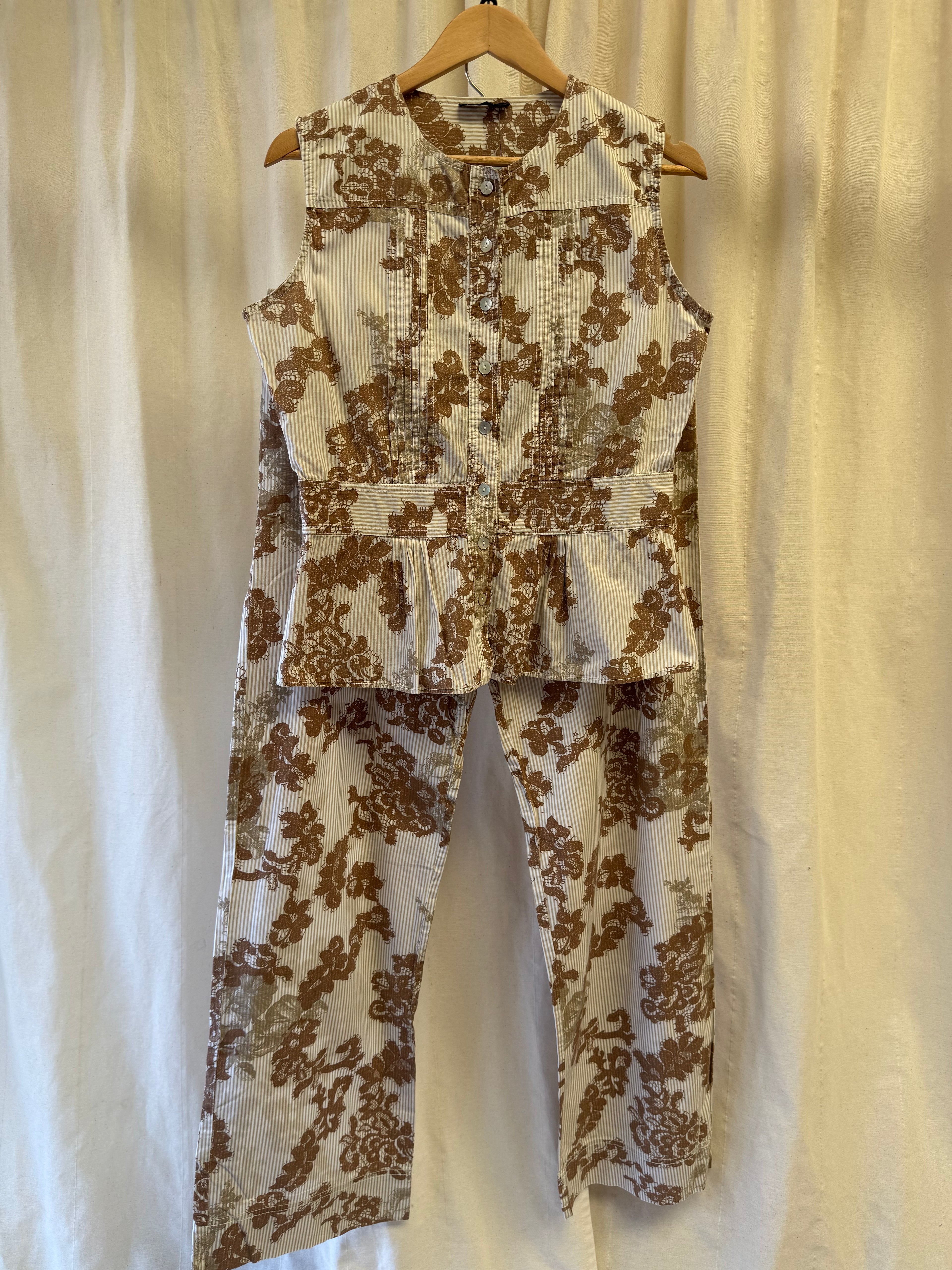 CCDK Cream and Brown Floral Print Waistcoat Style Top and Trousers Co ord, Size L
