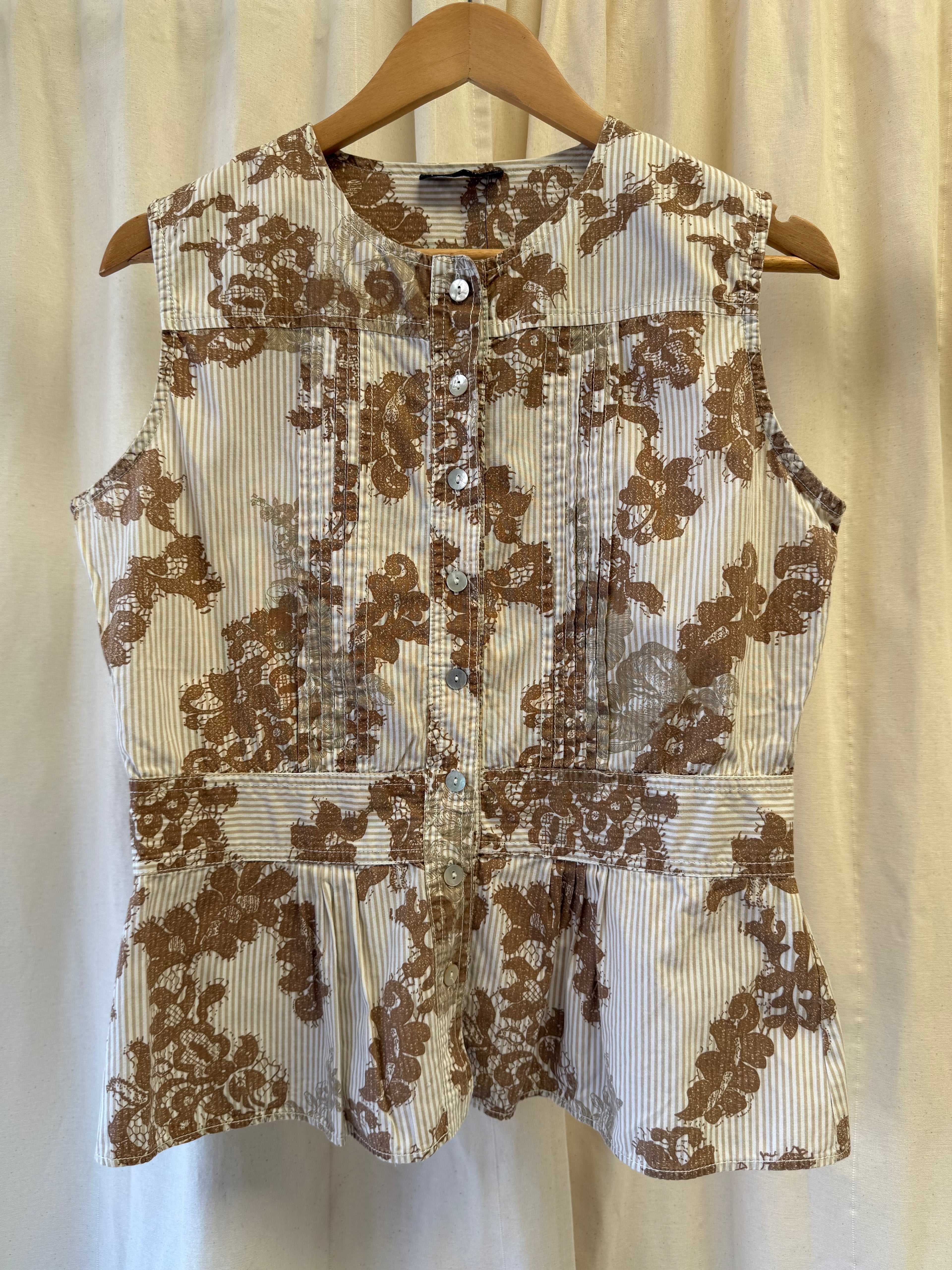 CCDK Cream and Brown Floral Print Waistcoat Style Top and Trousers Co ord, Size L