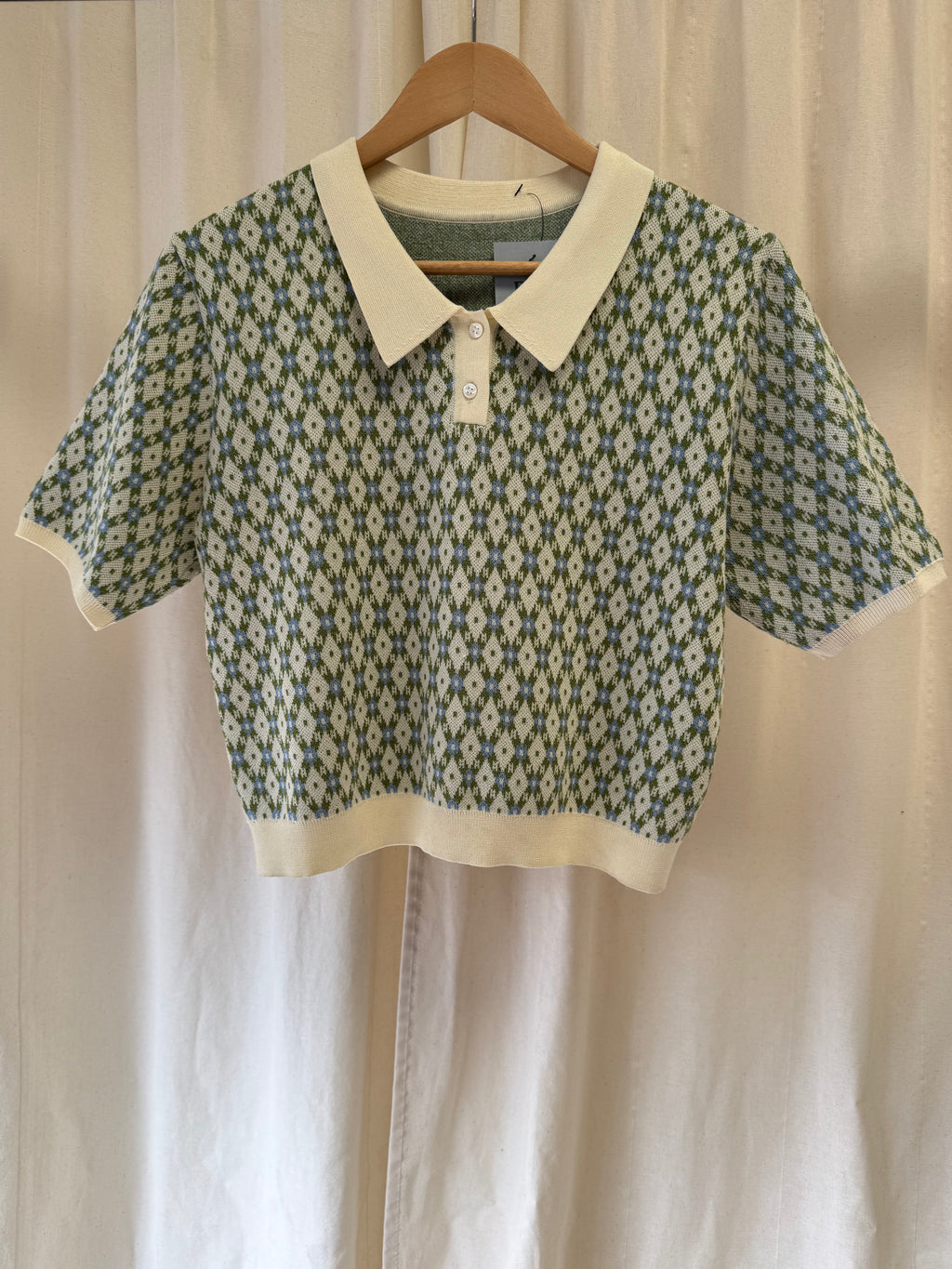 Green and Ivory Short-Sleeve Knit Polo in Argyle-style Diamond Pattern, Size S