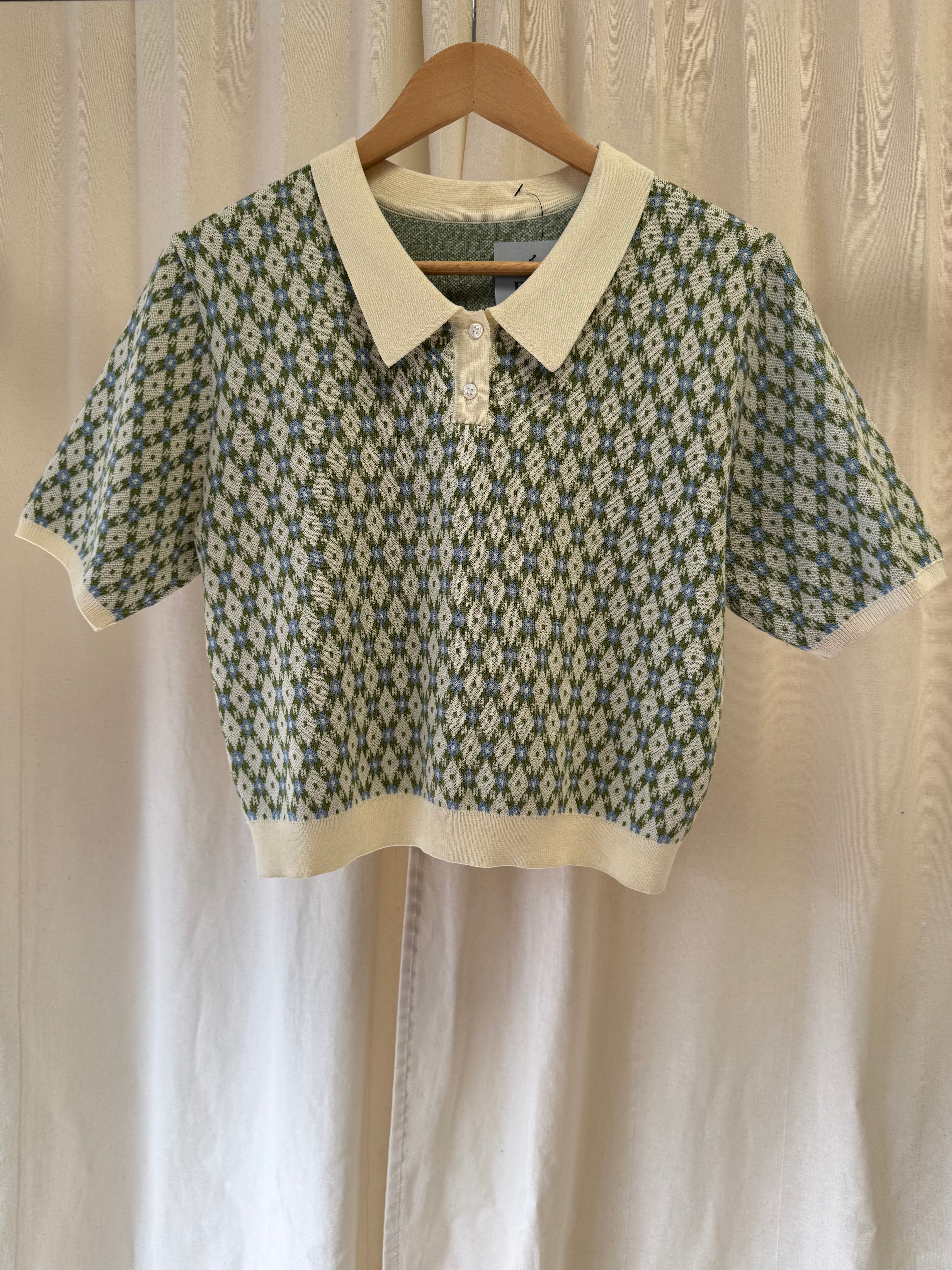 Green and Ivory Short-Sleeve Knit Polo in Argyle-style Diamond Pattern, Size S