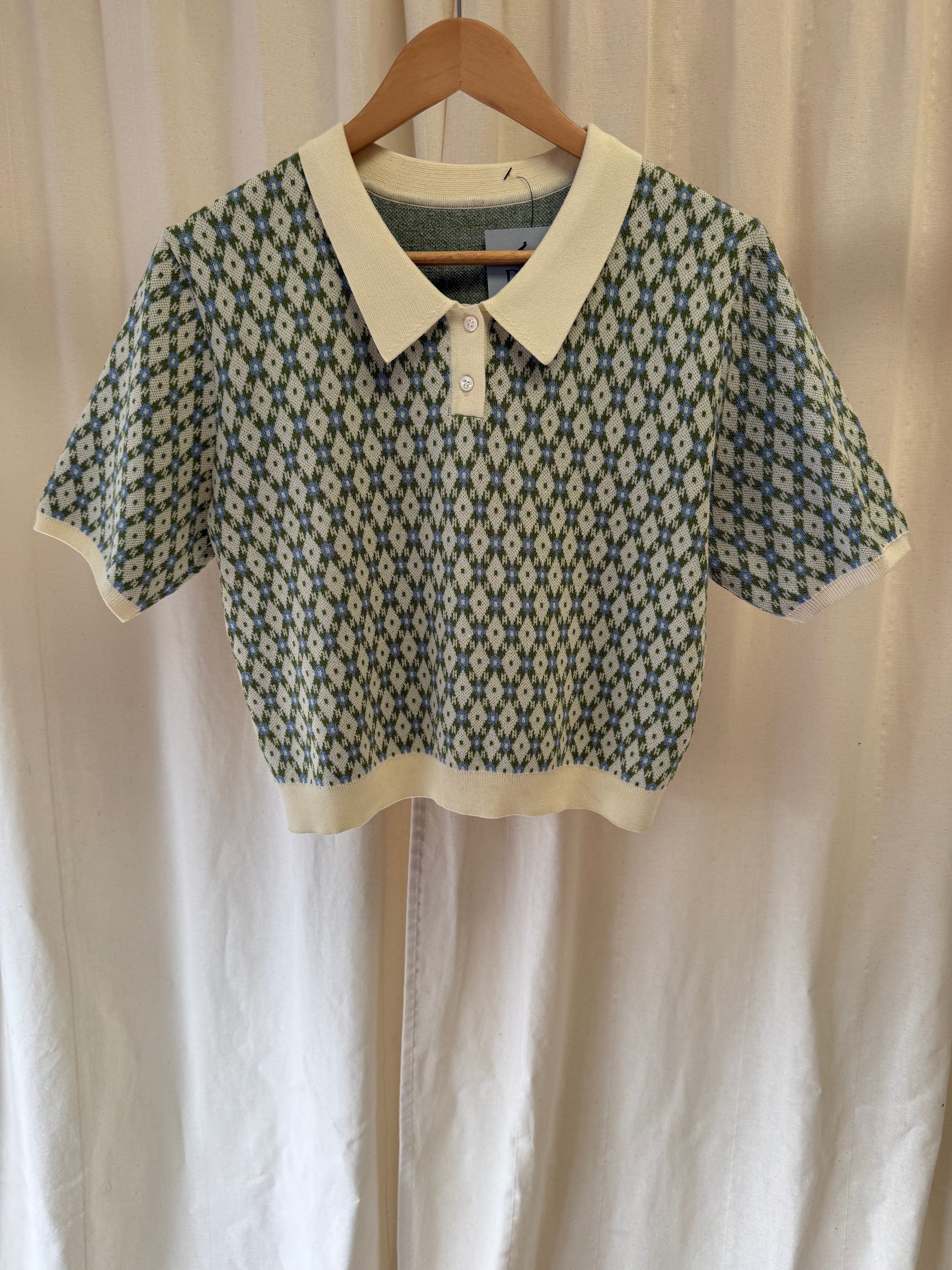 Green and Ivory Short-Sleeve Knit Polo in Argyle-style Diamond Pattern, Size S
