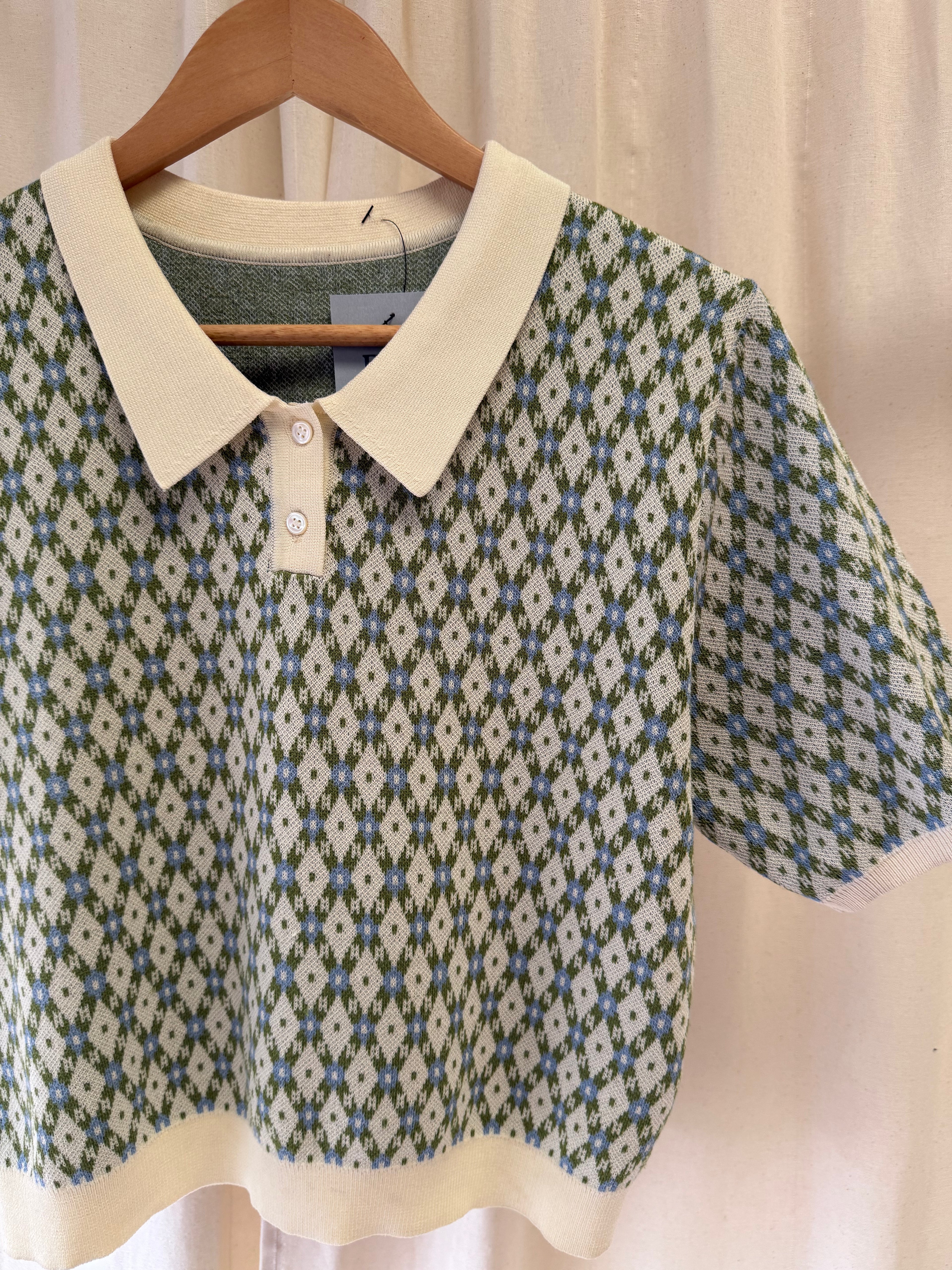 Green and Ivory Short-Sleeve Knit Polo in Argyle-style Diamond Pattern, Size S