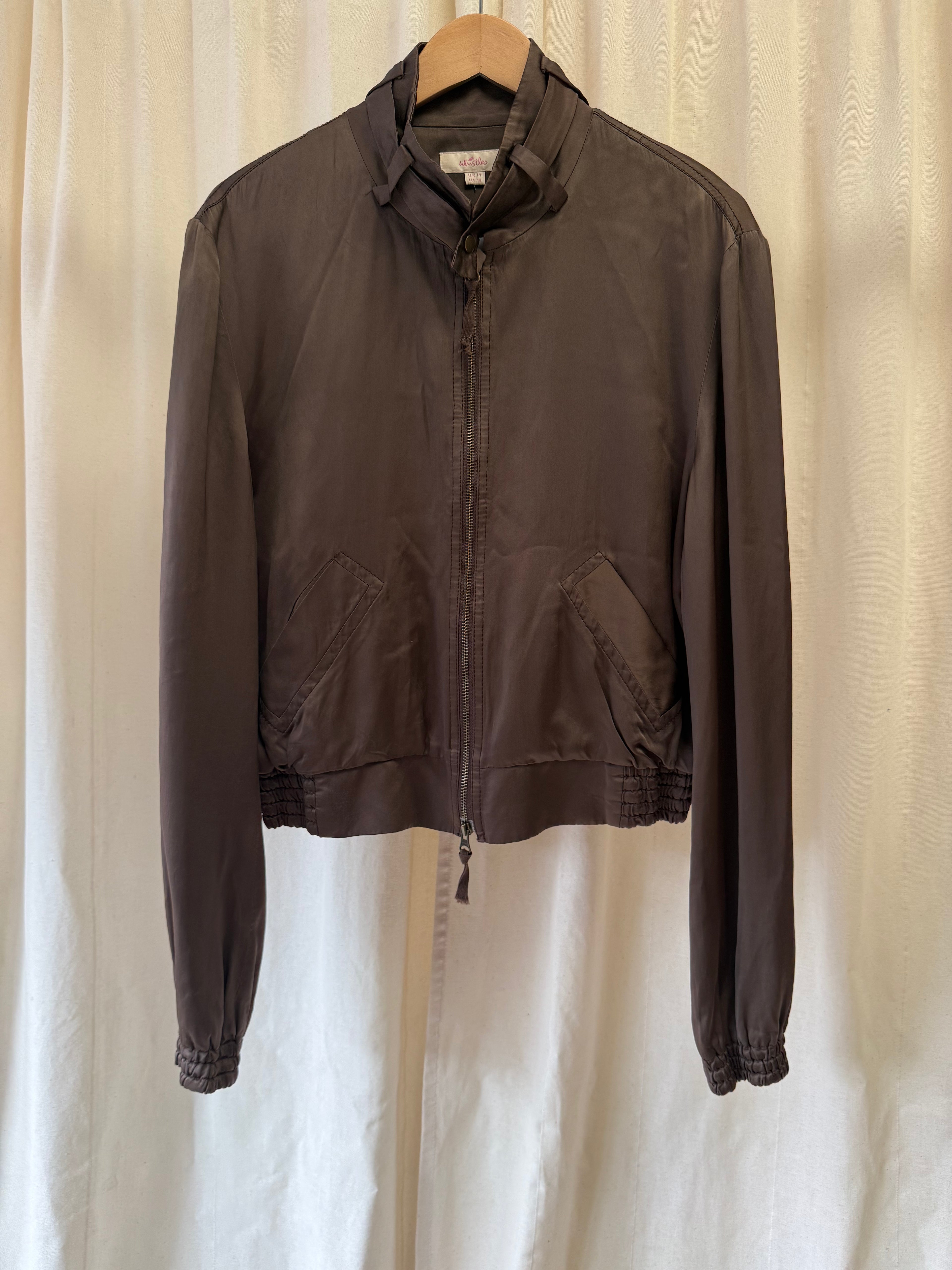 Whistles Bomber Jacket in Brown with Embroidered Back, Size M