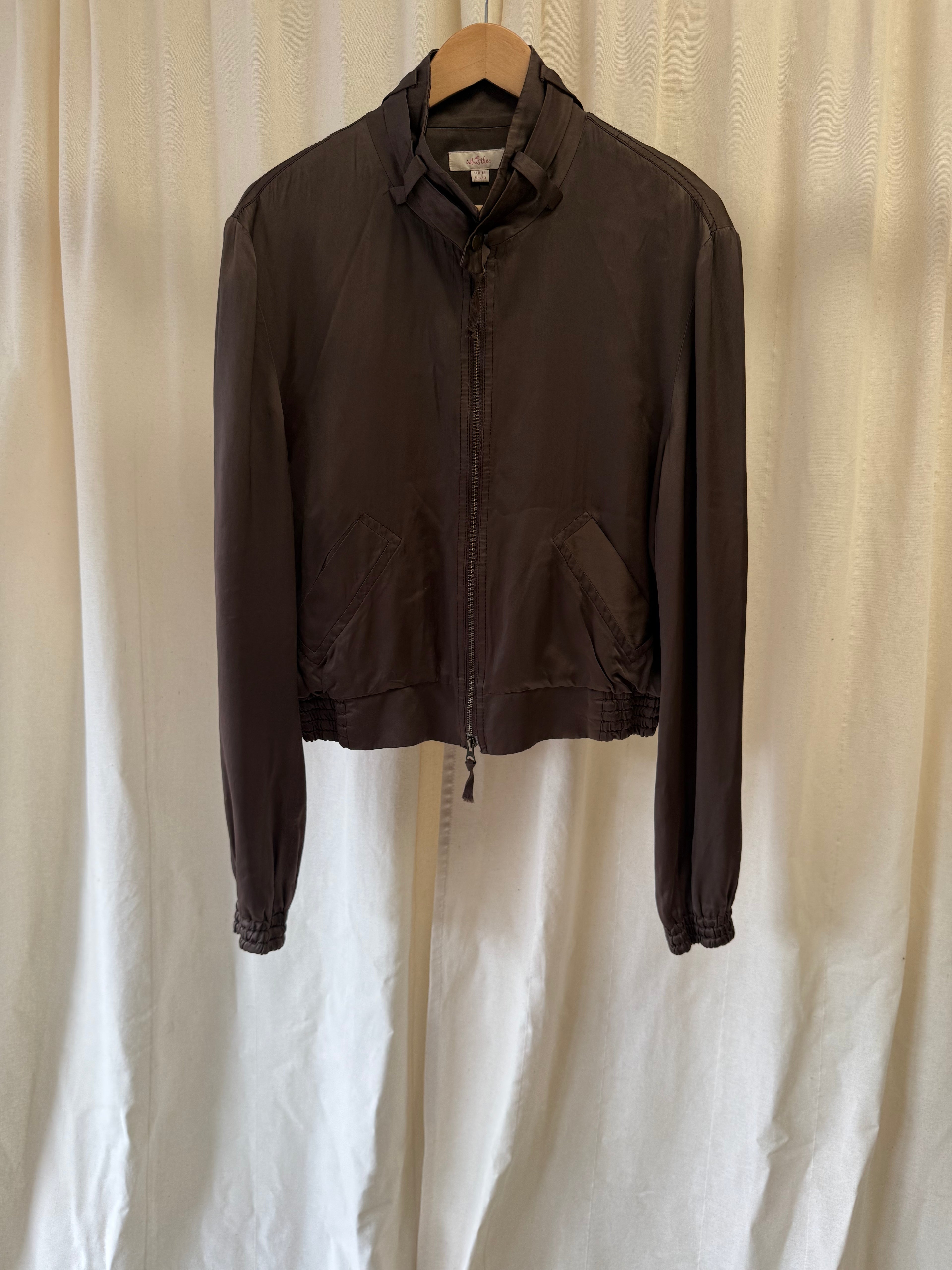Whistles Bomber Jacket in Brown with Embroidered Back, Size M