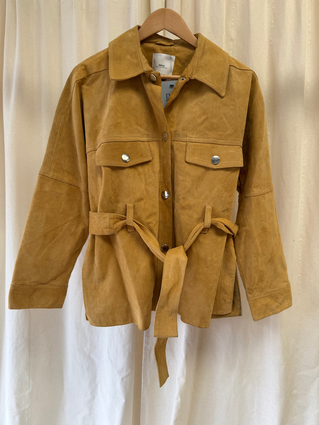 Mango Suede Belted Utility Jacket in Mustard Yellow, Size M