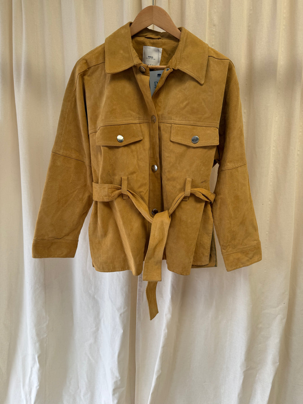 Mango Suede Belted Utility Jacket in Mustard Yellow, Size M