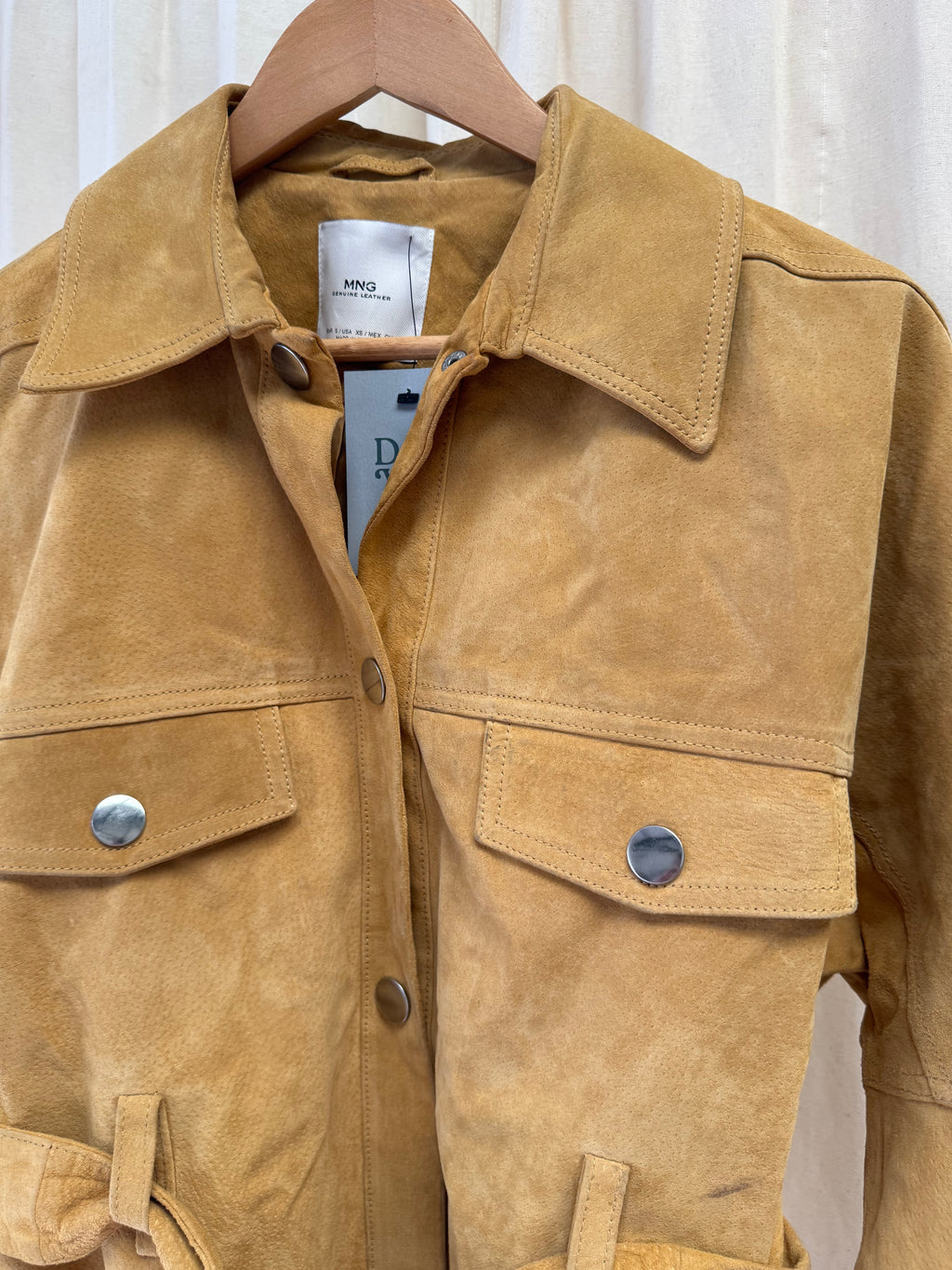 Mango Suede Belted Utility Jacket in Mustard Yellow, Size M