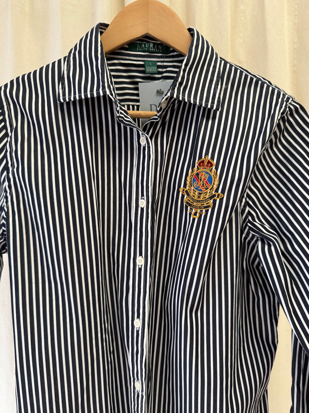 Ralph Lauren Striped Shirt with Embroidered Crest Logo, Size L
