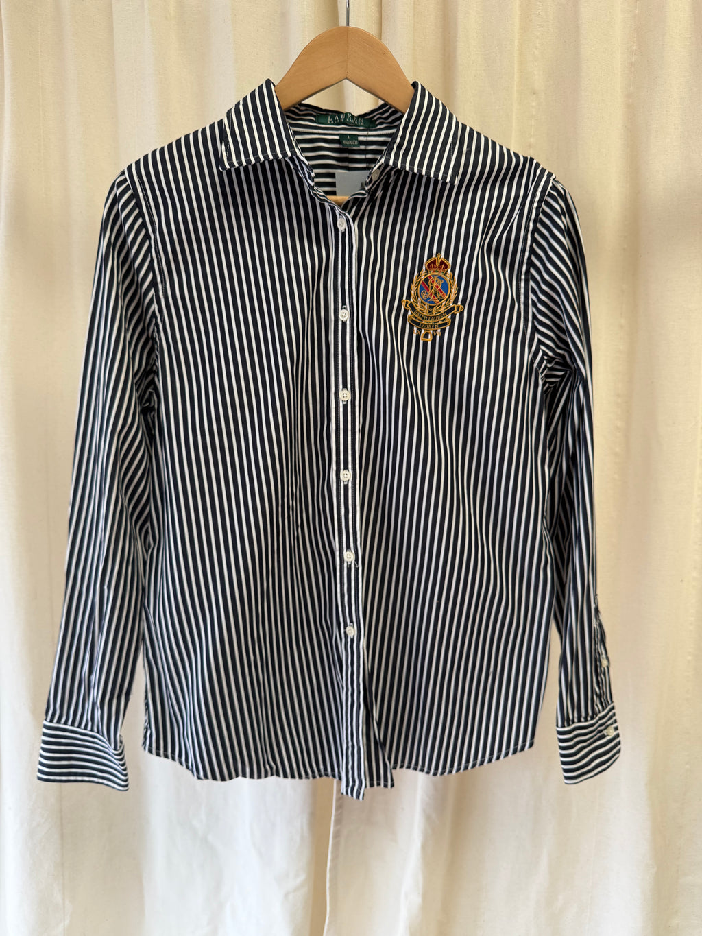 Ralph Lauren Striped Shirt with Embroidered Crest Logo, Size L