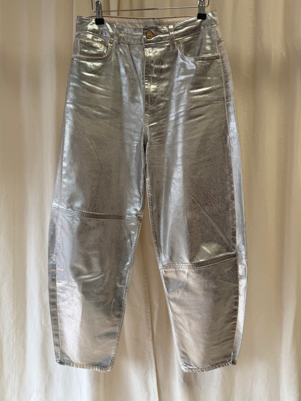 GANNI Metallic High-Rise Tapered Organic Jeans, Size S