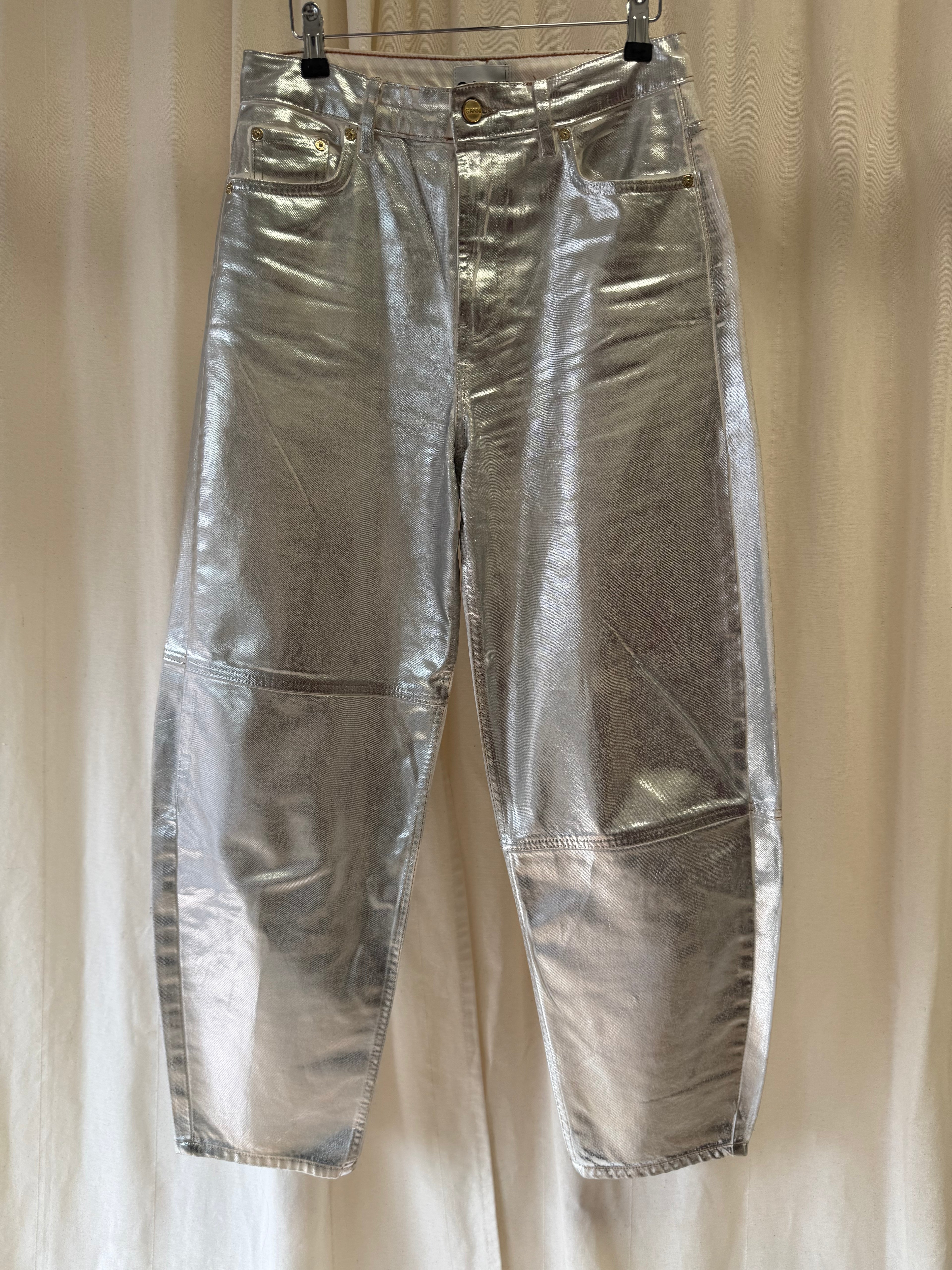 GANNI Metallic High-Rise Tapered Organic Jeans, Size S
