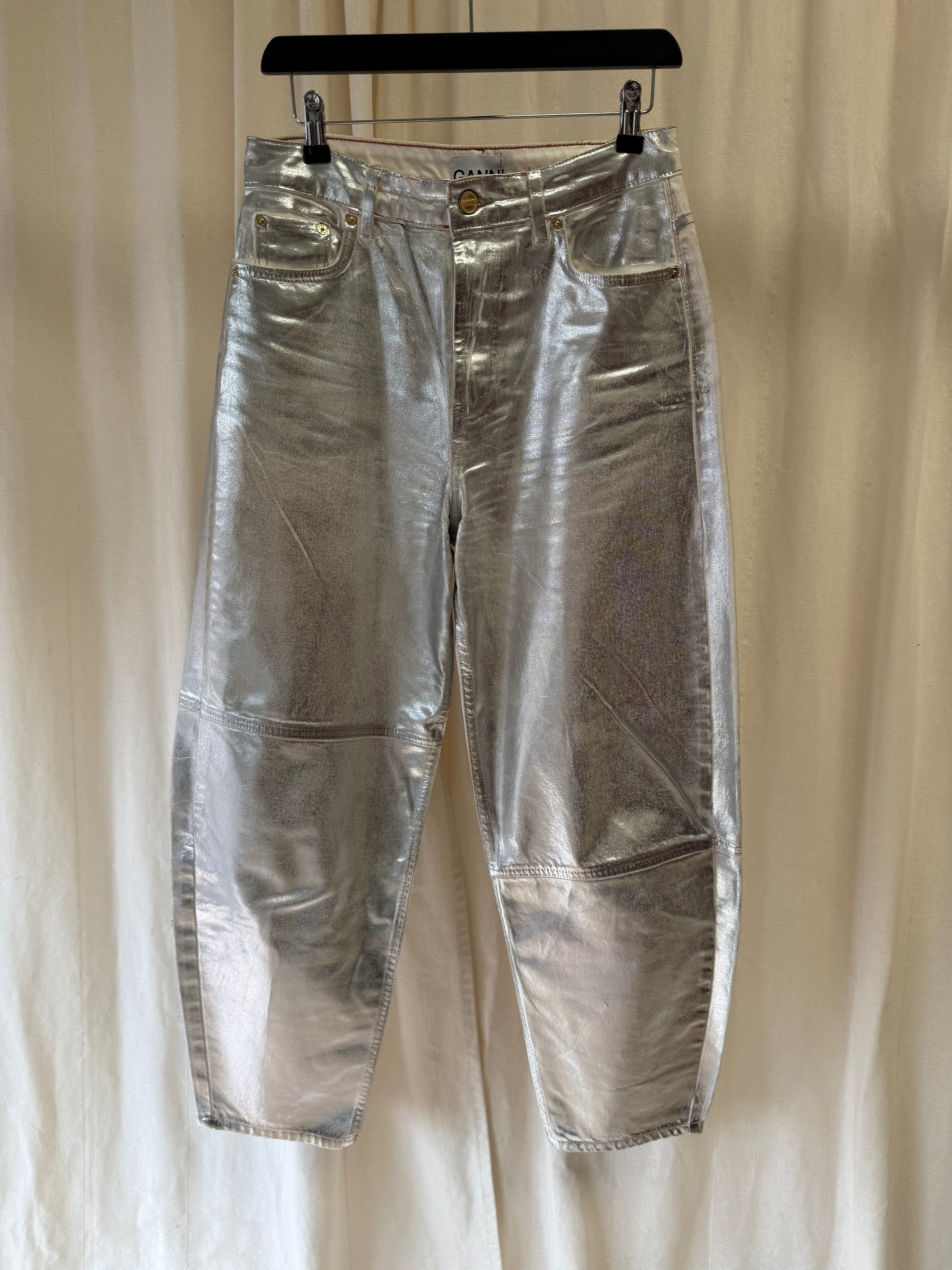 GANNI Metallic High-Rise Tapered Organic Jeans, Size S
