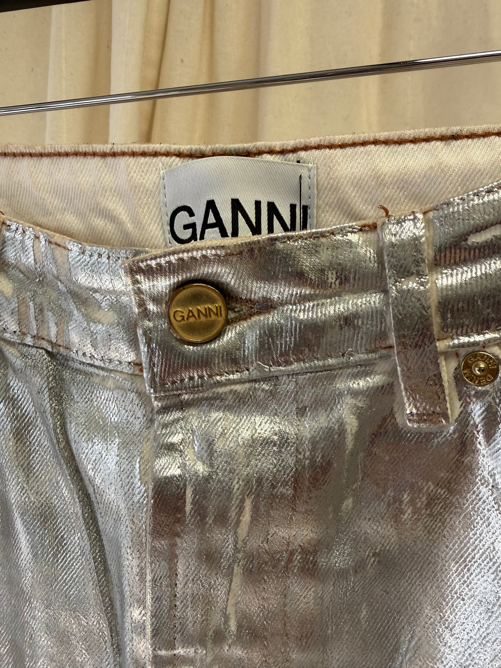 GANNI Metallic High-Rise Tapered Organic Jeans, Size S