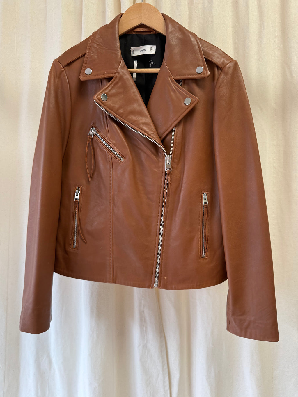 Mango Leather Biker Jacket in Tan, Size L