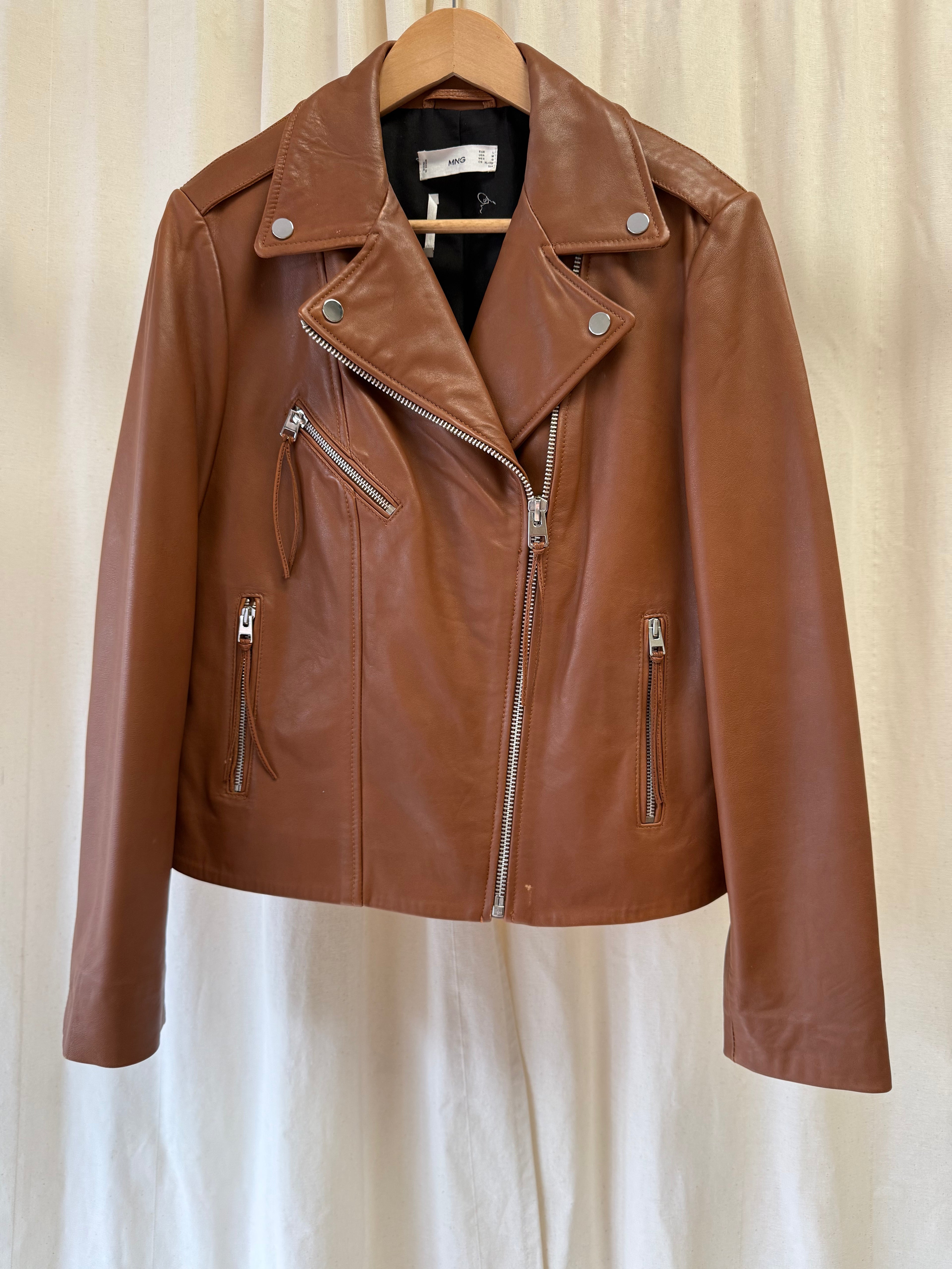 Mango Leather Biker Jacket in Tan, Size L
