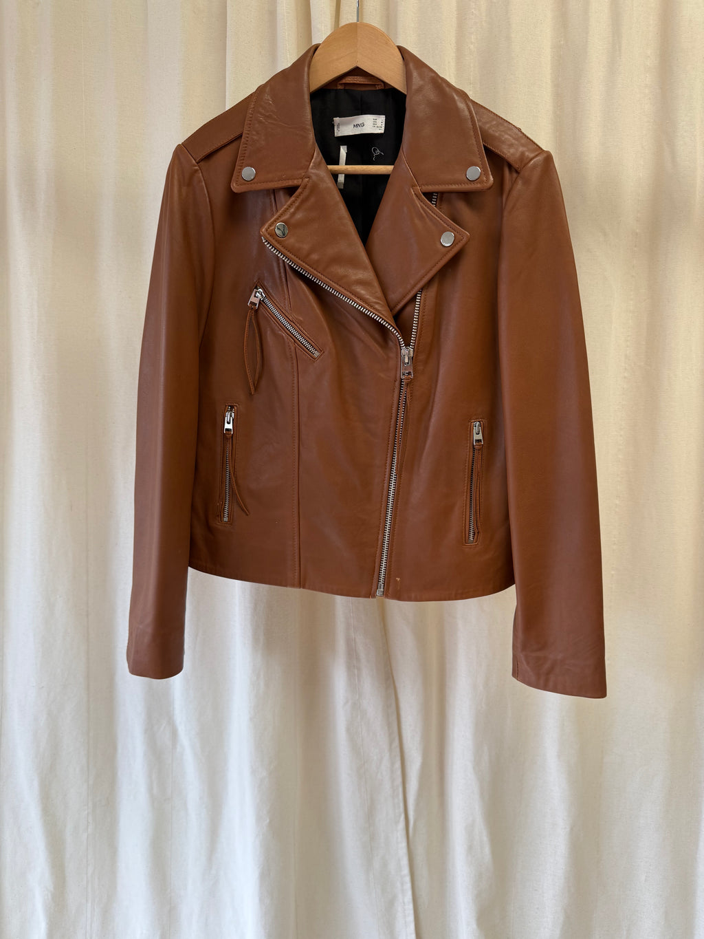 Mango Leather Biker Jacket in Tan, Size L