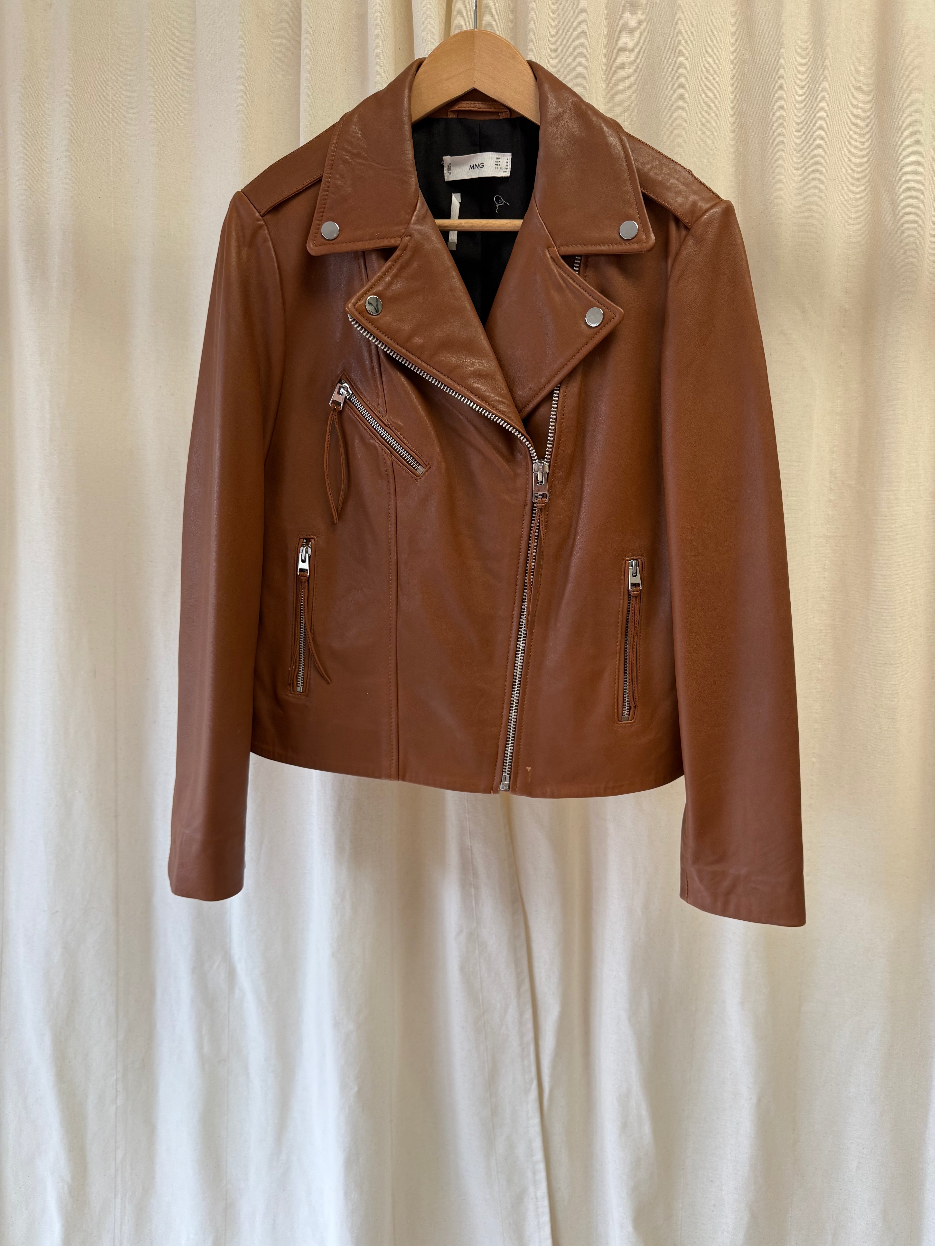 Mango Leather Biker Jacket in Tan, Size L