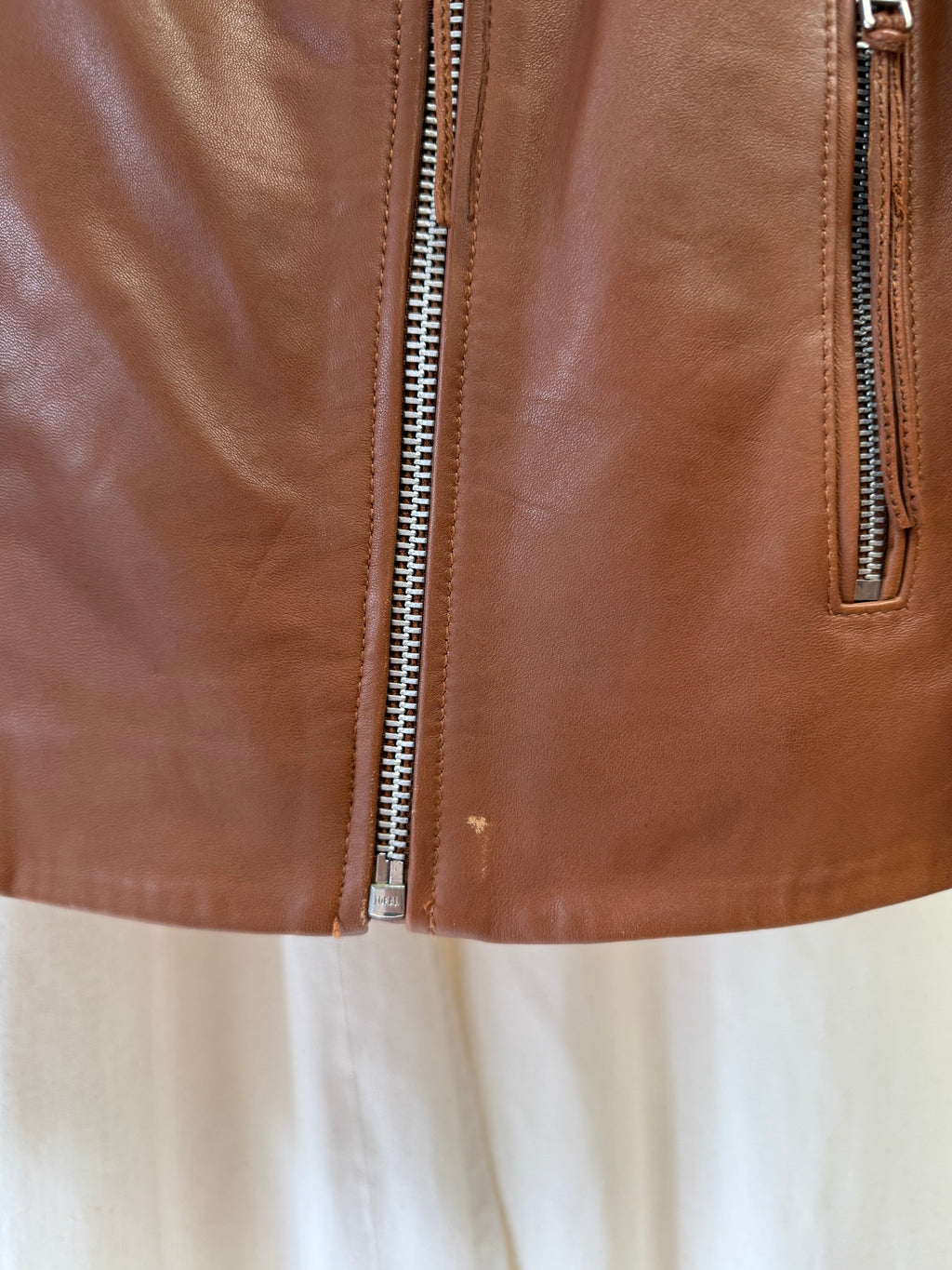 Mango Leather Biker Jacket in Tan, Size L