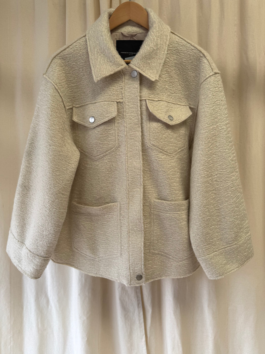 French Connection Allie Boucle Collared Overshirt in Cream, Size M