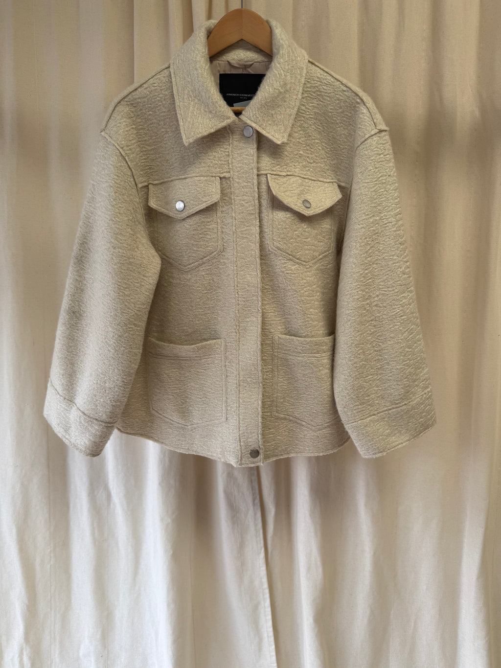 French Connection Allie Boucle Collared Overshirt in Cream, Size M