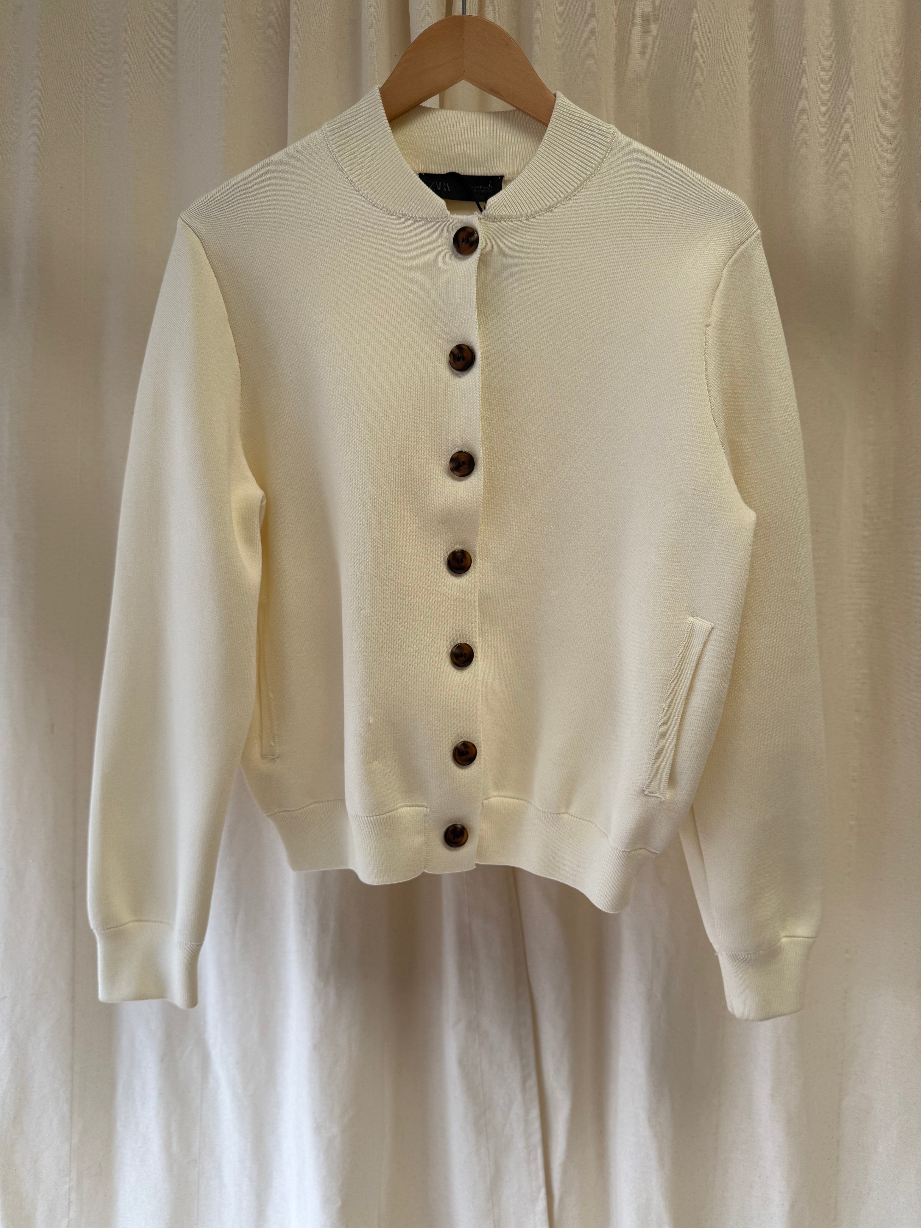 Zara Knitted Bomber Style Jacket in Cream, Size M