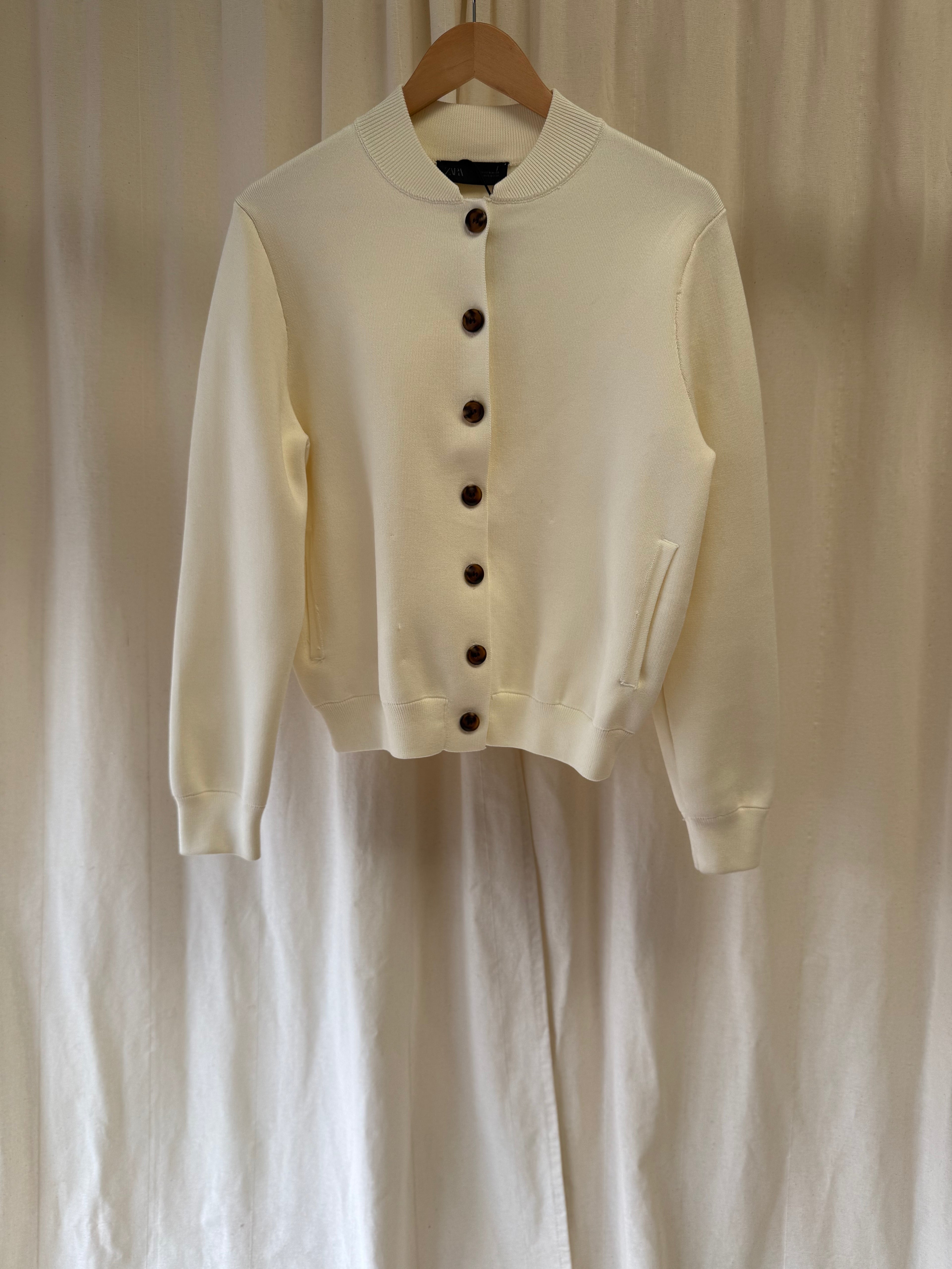 Zara Knitted Bomber Style Jacket in Cream, Size M