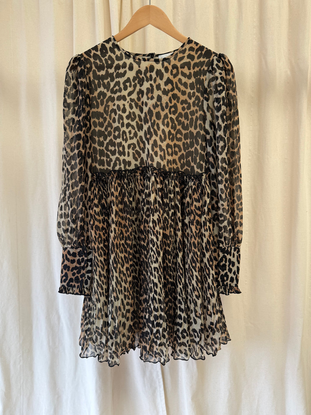 GANNI Leopard Print Plisse Smock Mini Dress, Size S/M