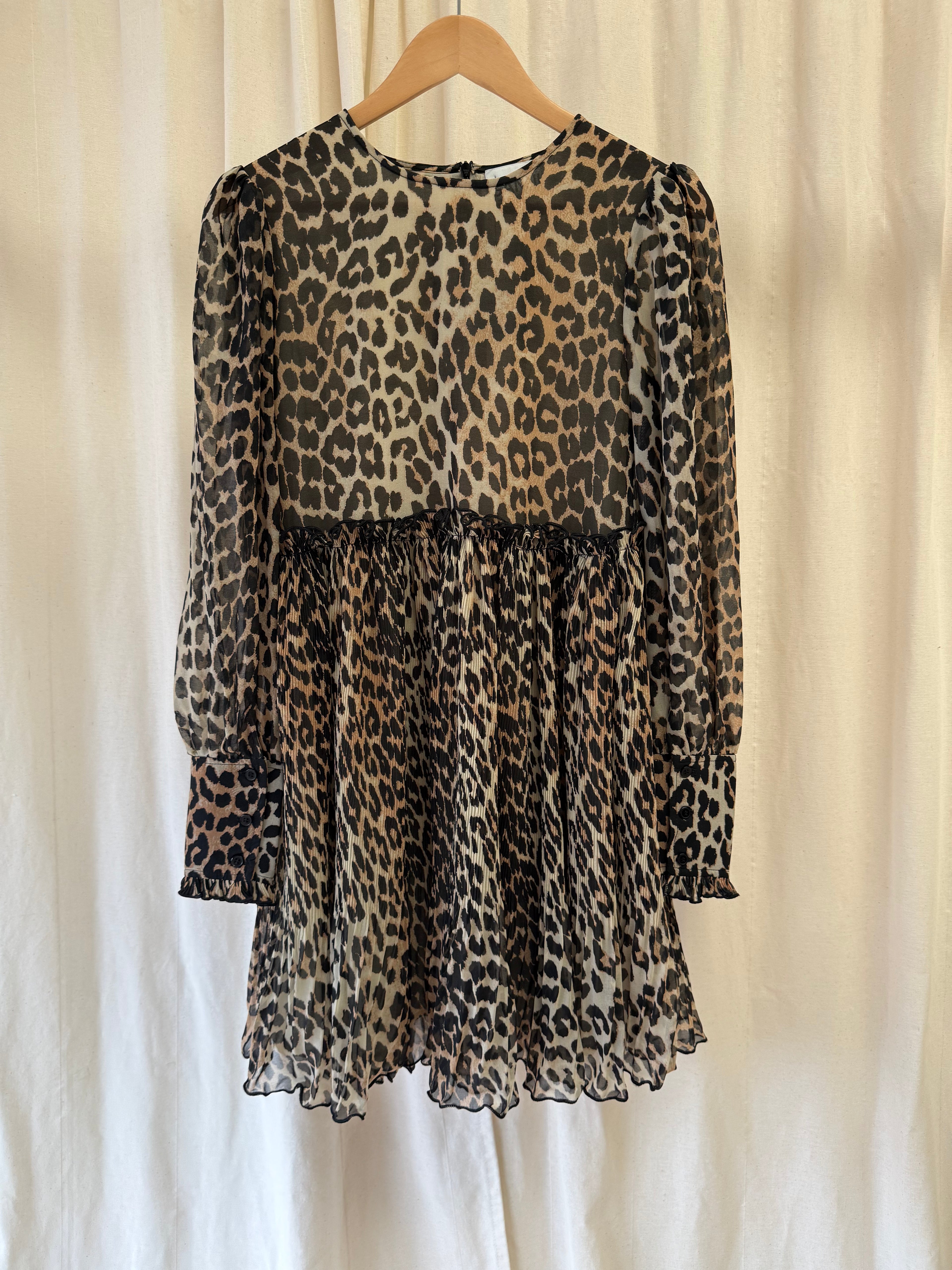 GANNI Leopard Print Plisse Smock Mini Dress, Size S/M