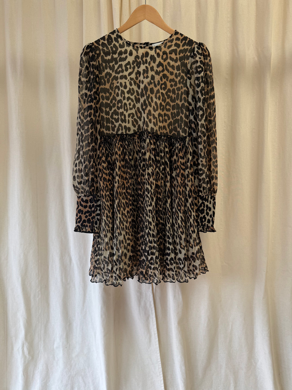 GANNI Leopard Print Plisse Smock Mini Dress, Size S/M