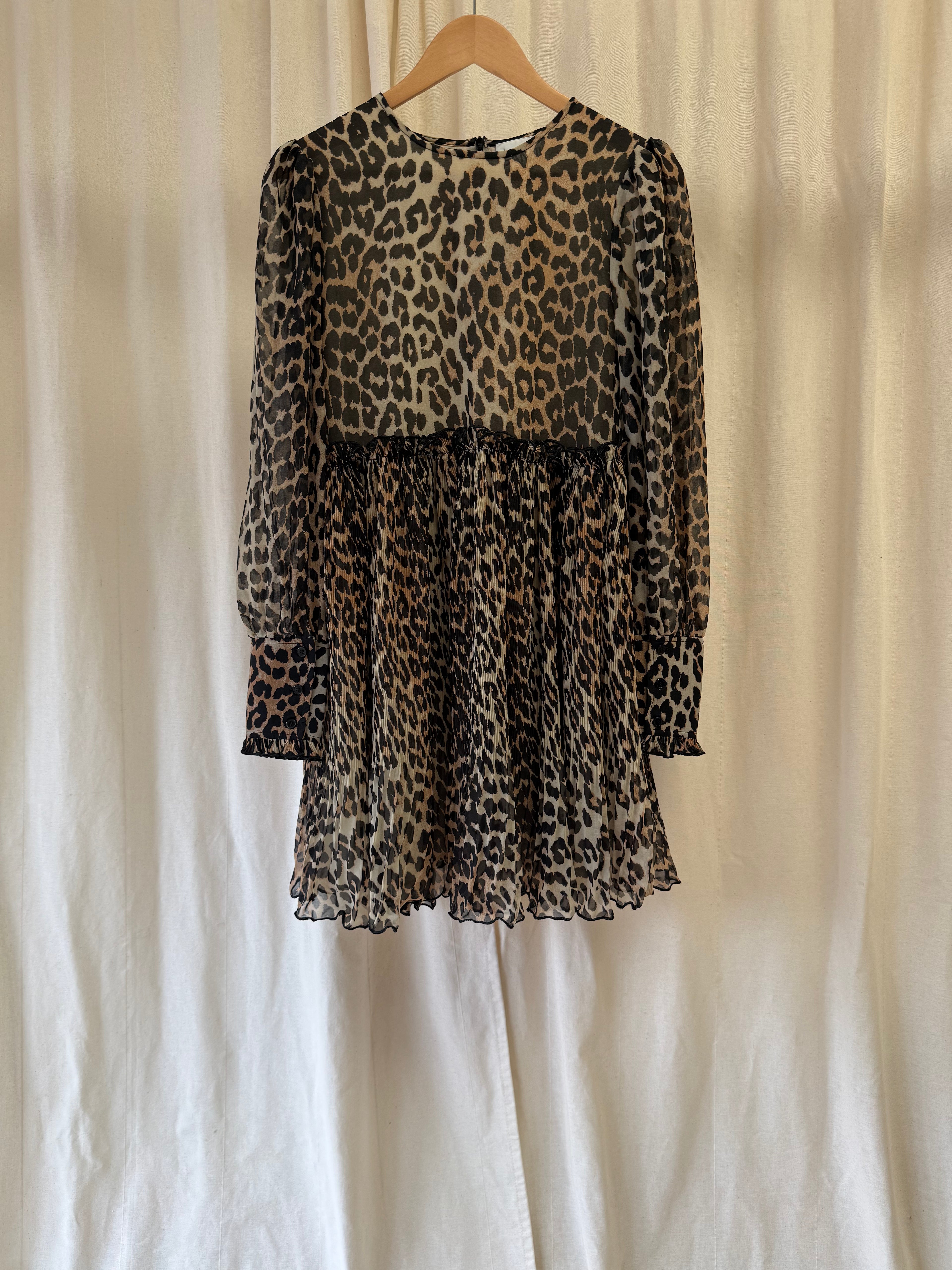 GANNI Leopard Print Plisse Smock Mini Dress, Size S/M