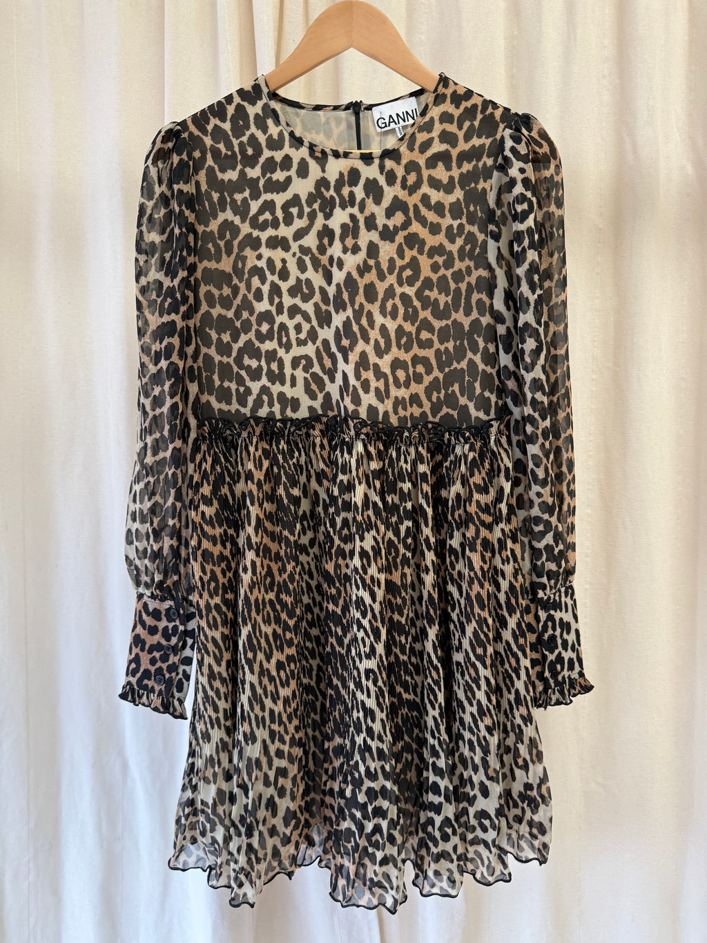 GANNI Leopard Print Plisse Smock Mini Dress, Size S/M