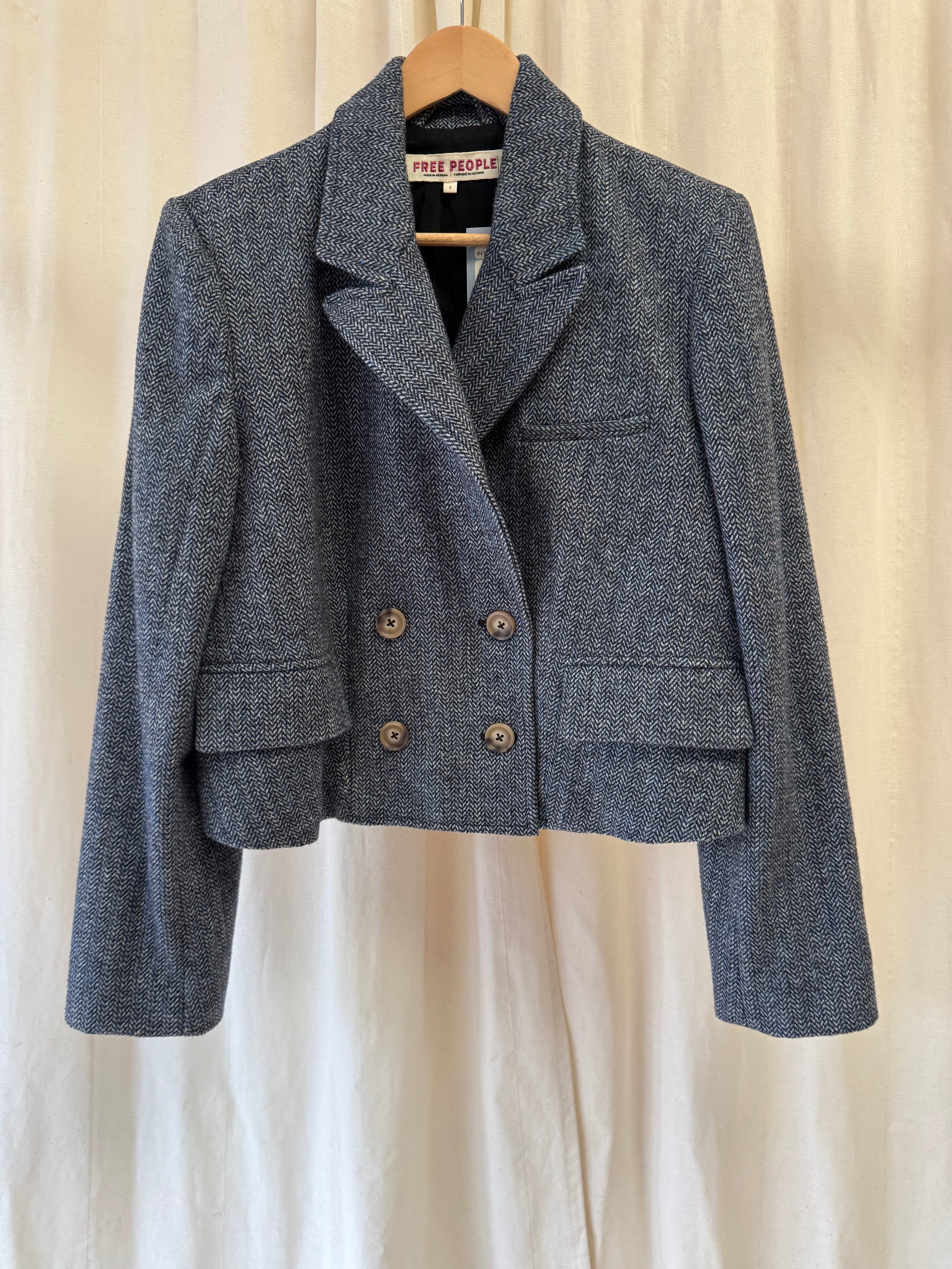 Free People Tweed Double Breasted Cropped Blazer, Size S