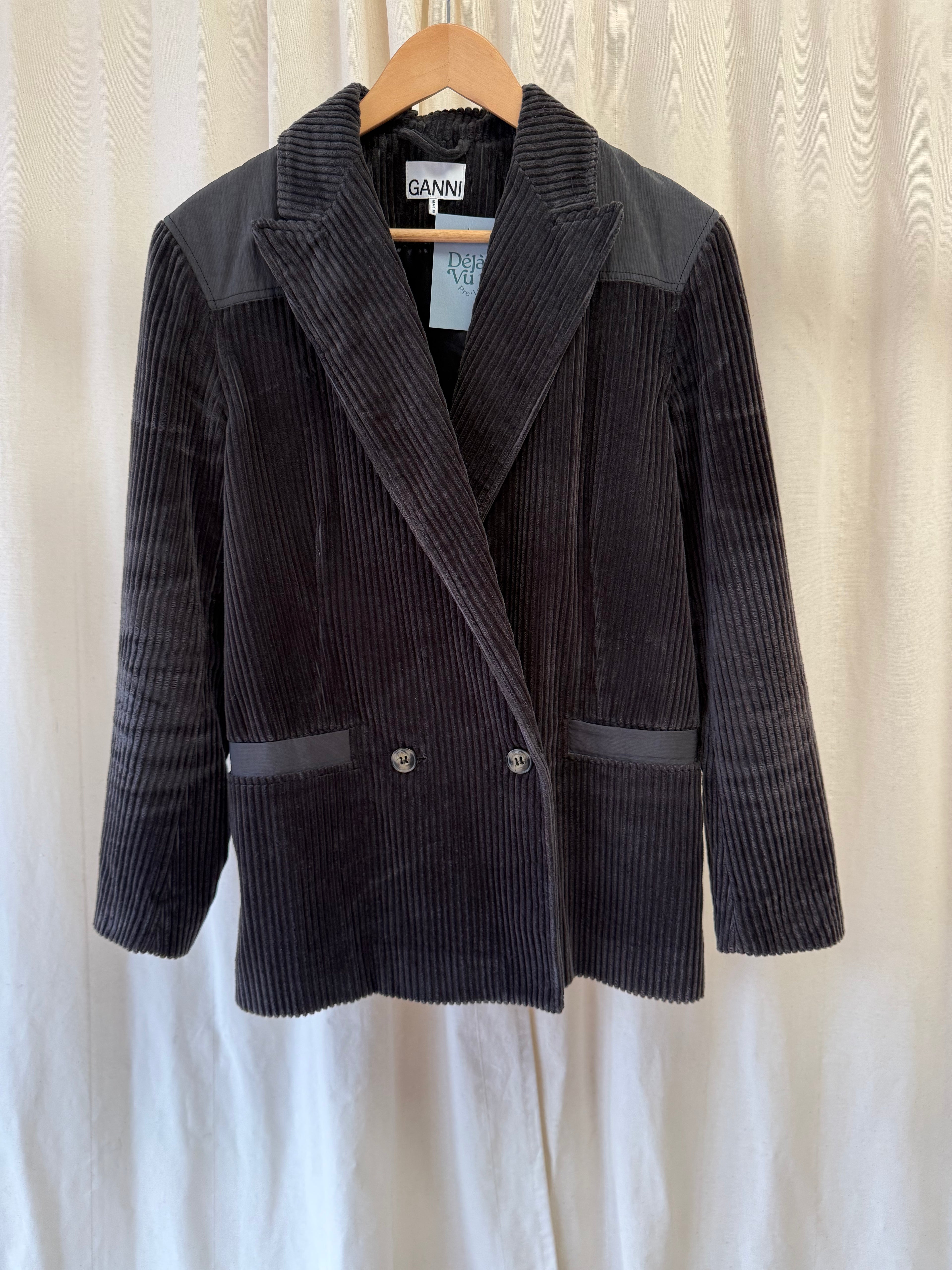 GANNI Corduroy Double Breasted Blazer in Grey, Size XS/S