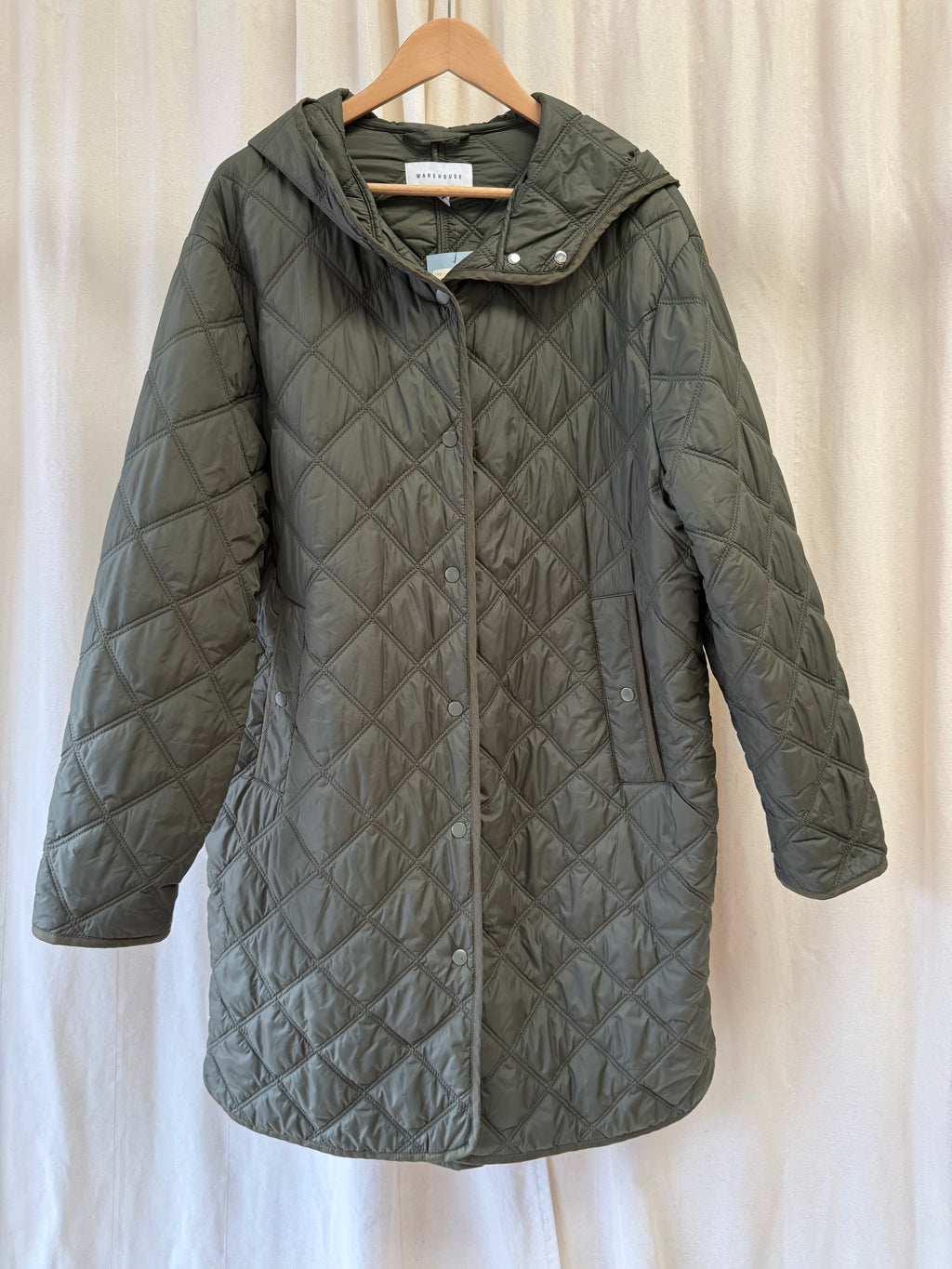 Warehouse Quilted Hooded Rain Jacket in Khaki, Size L