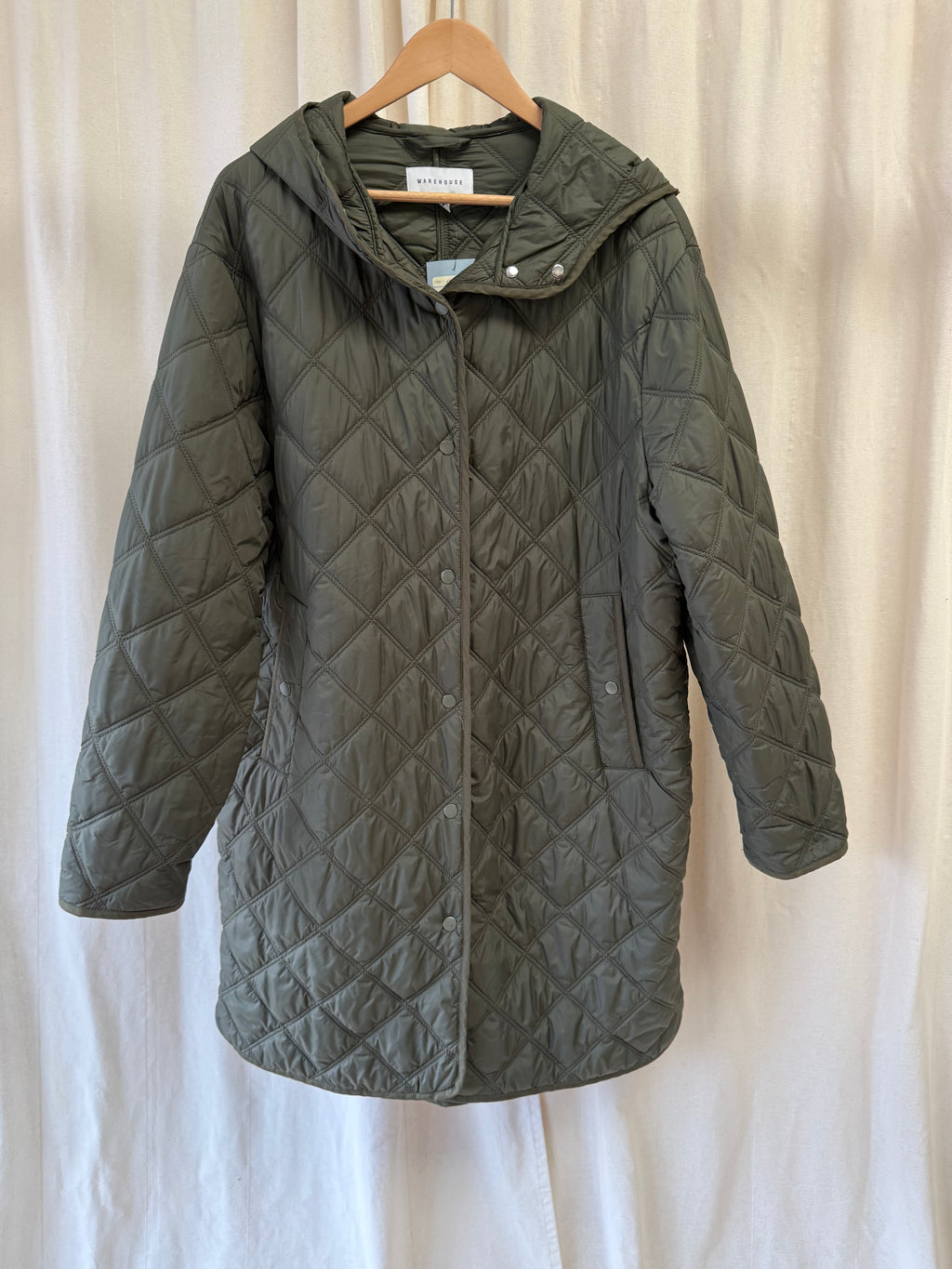 Warehouse Quilted Hooded Rain Jacket in Khaki, Size L
