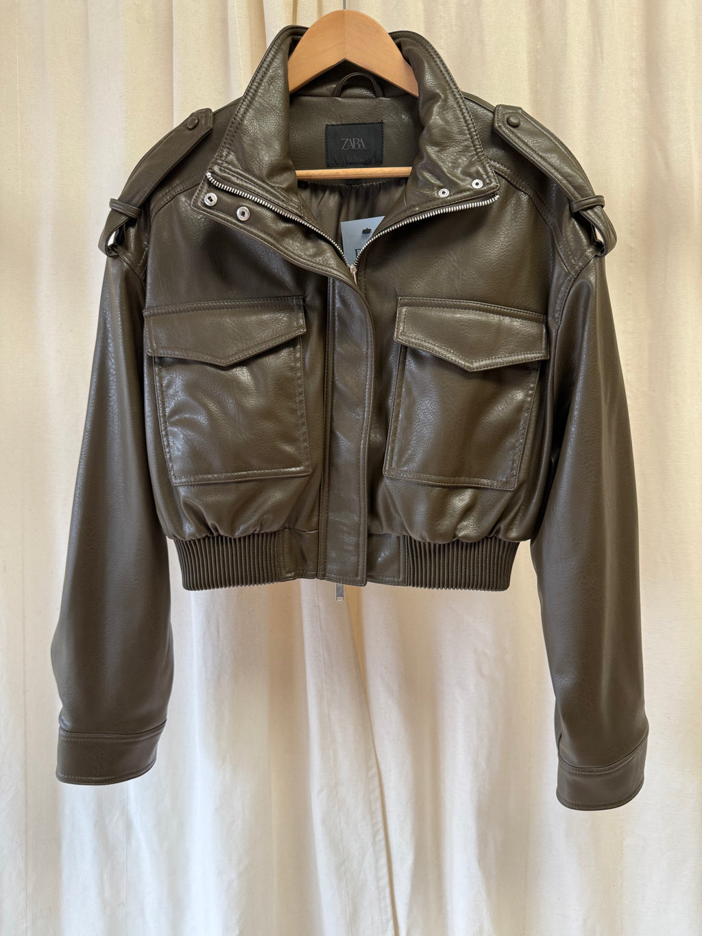 Zara Cropped Faux Leather Bomber Jacket in Khaki, Size S
