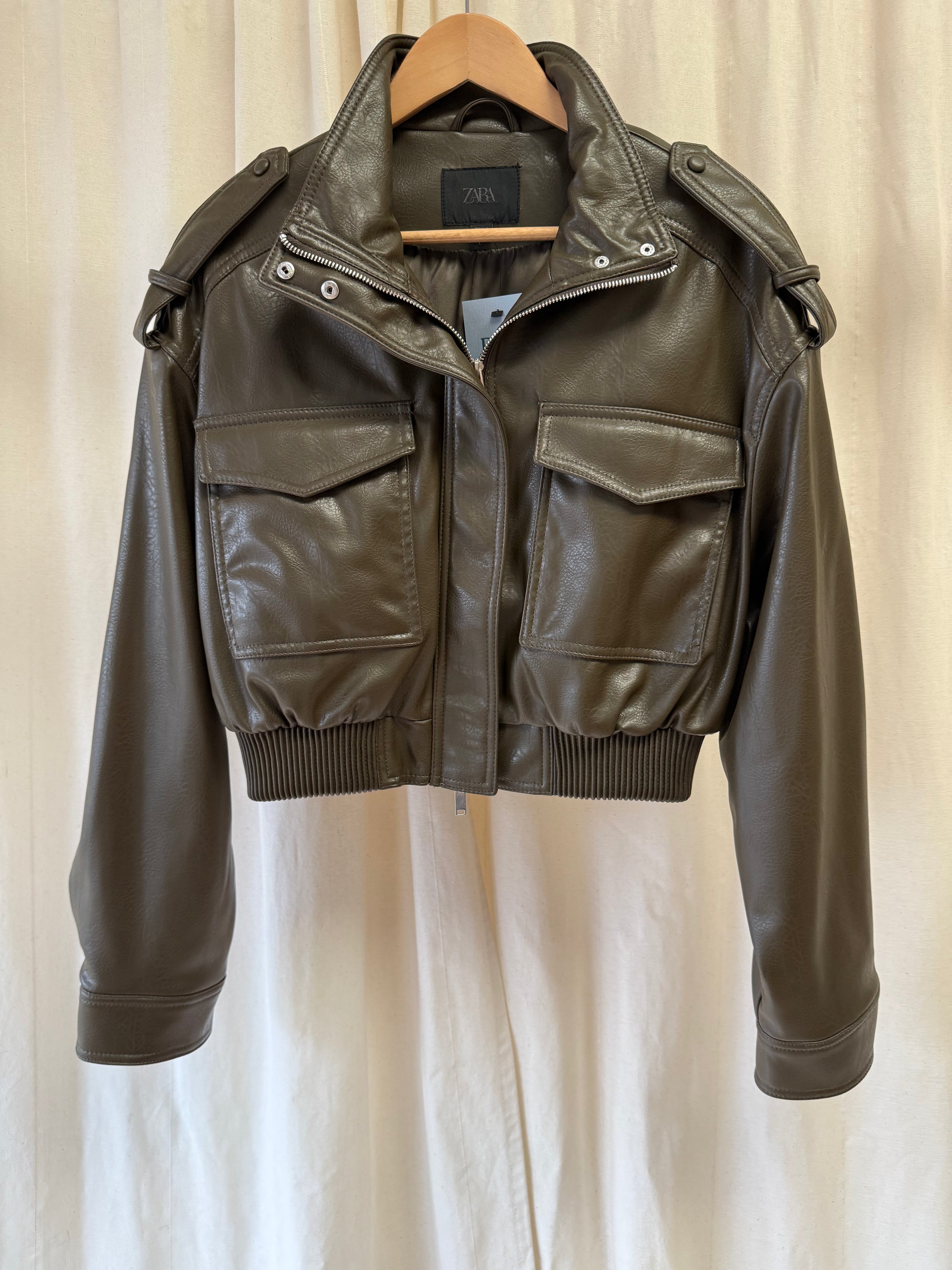 Zara Cropped Faux Leather Bomber Jacket in Khaki, Size S